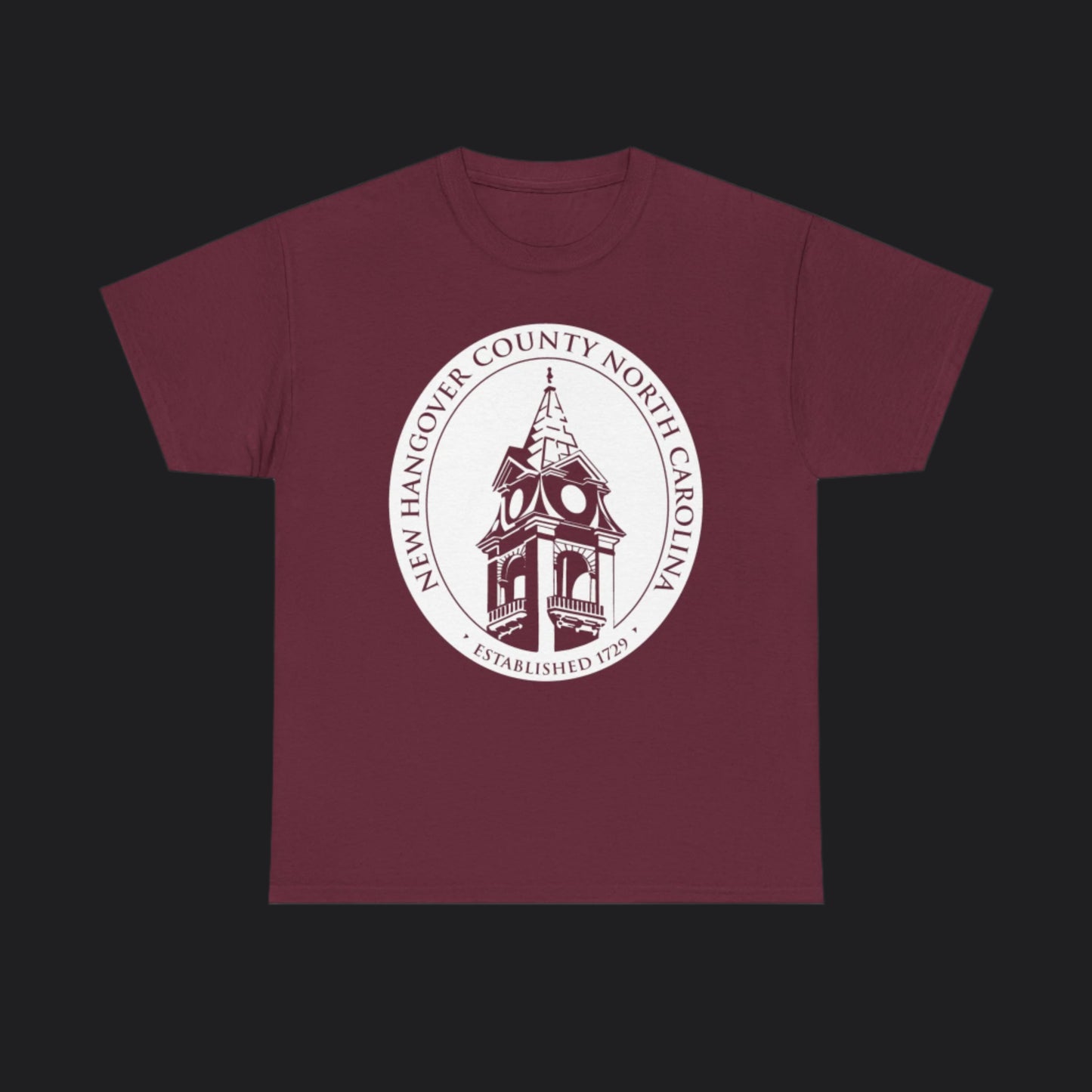 Maroon short-sleeve t-shirt with New Hangover County seal, New Hanover County North Carolina