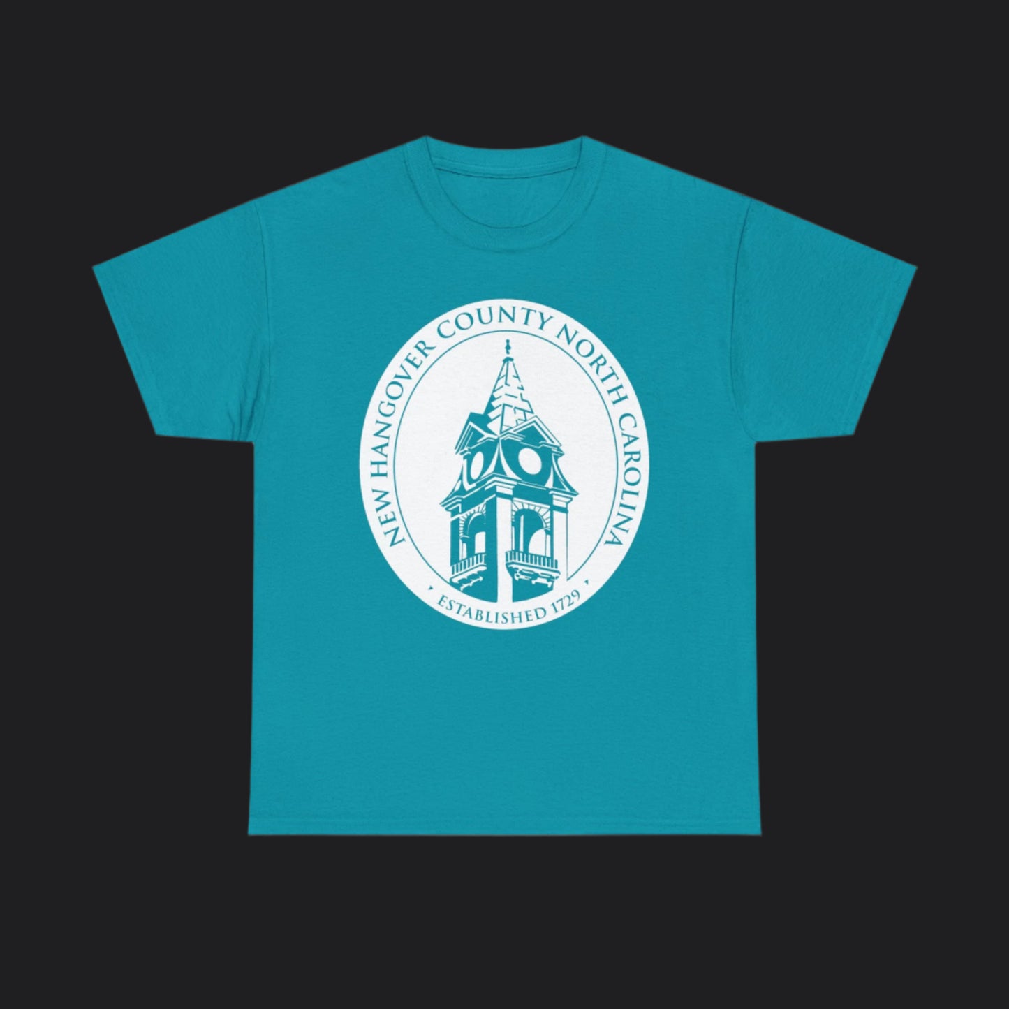 Tropical Blue short-sleeve t-shirt with New Hangover County seal, New Hanover County North Carolina