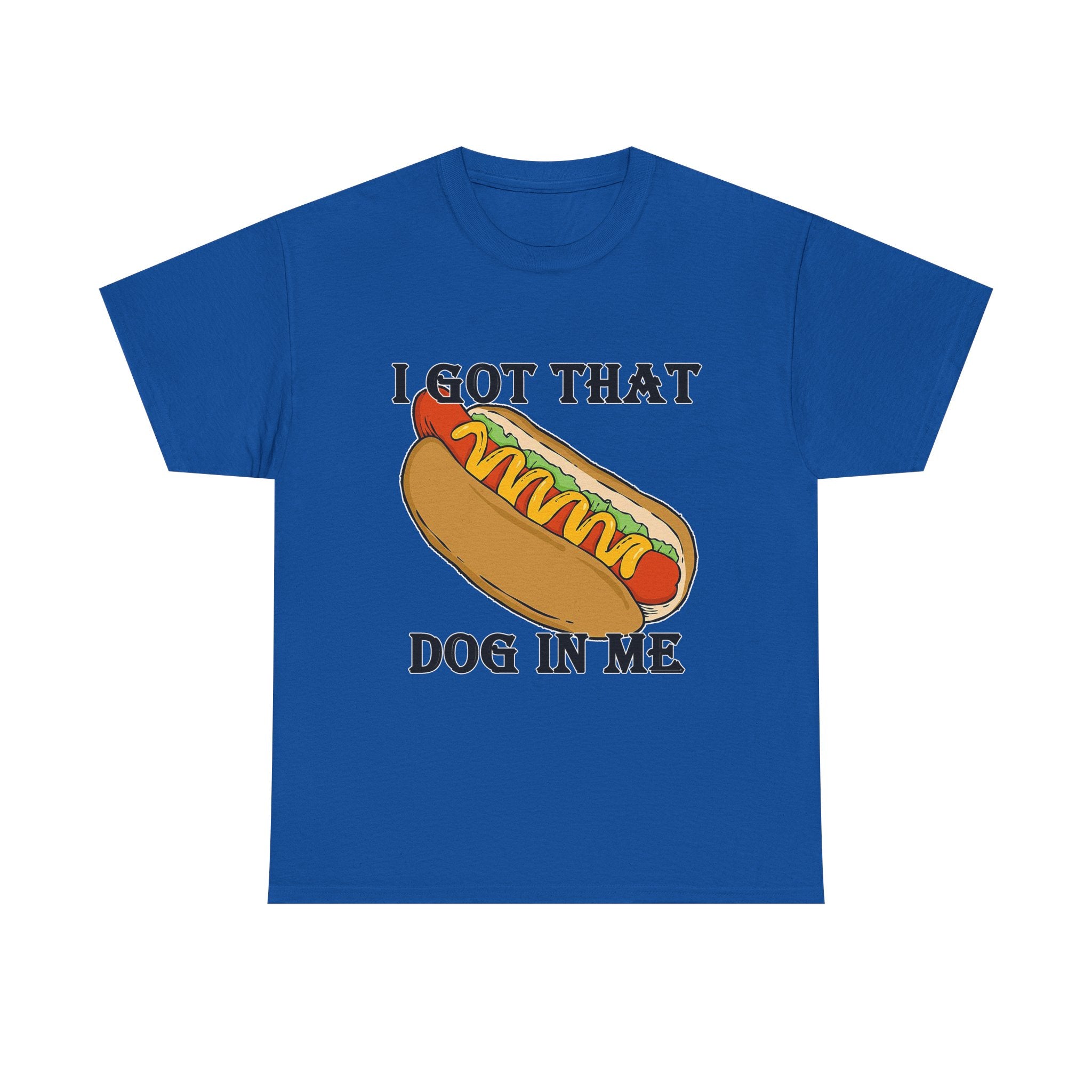 Blue t-shirt with a hot dog graphic and text on a white background