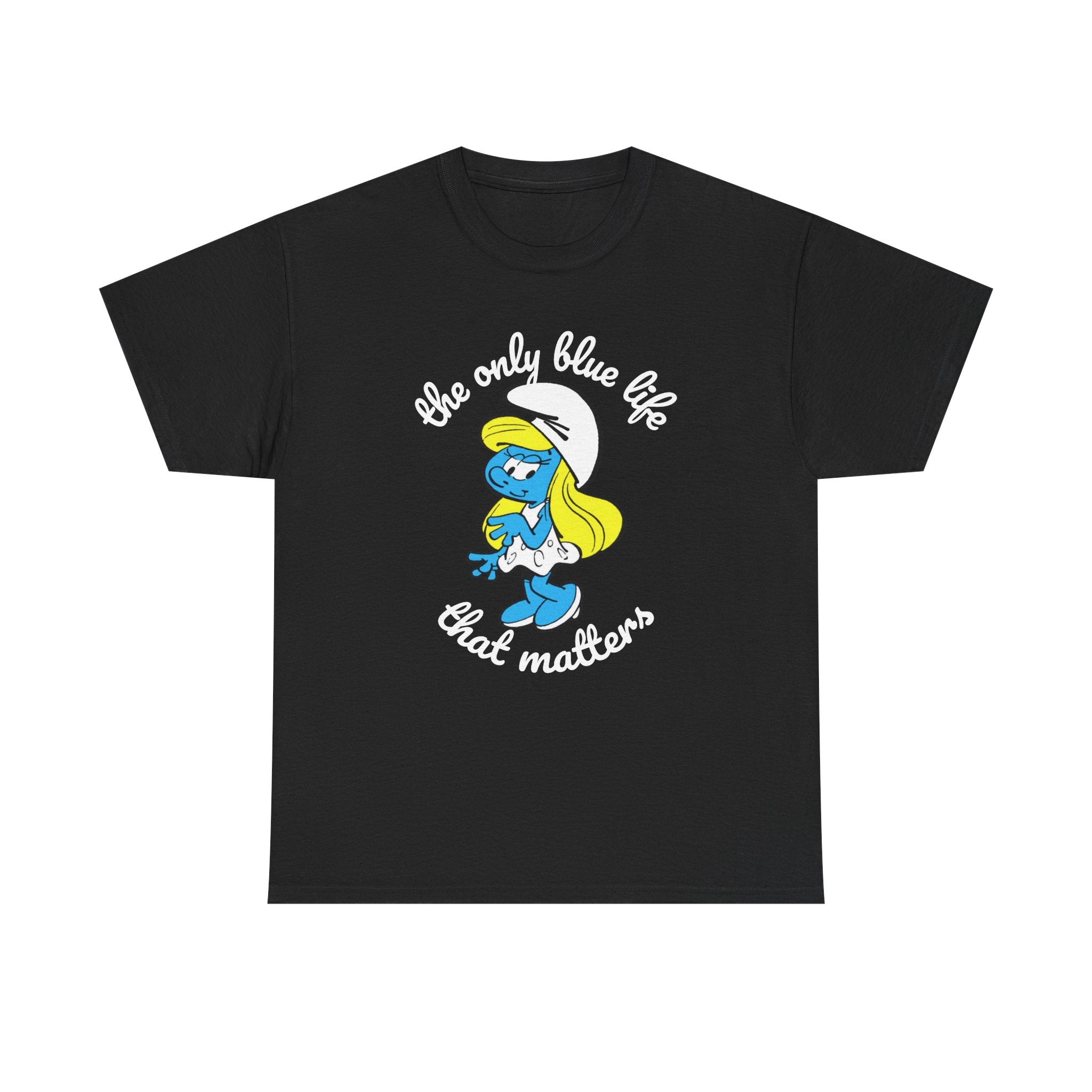 Black t-shirt with a graphic of a character holding a guitar and text on a white background