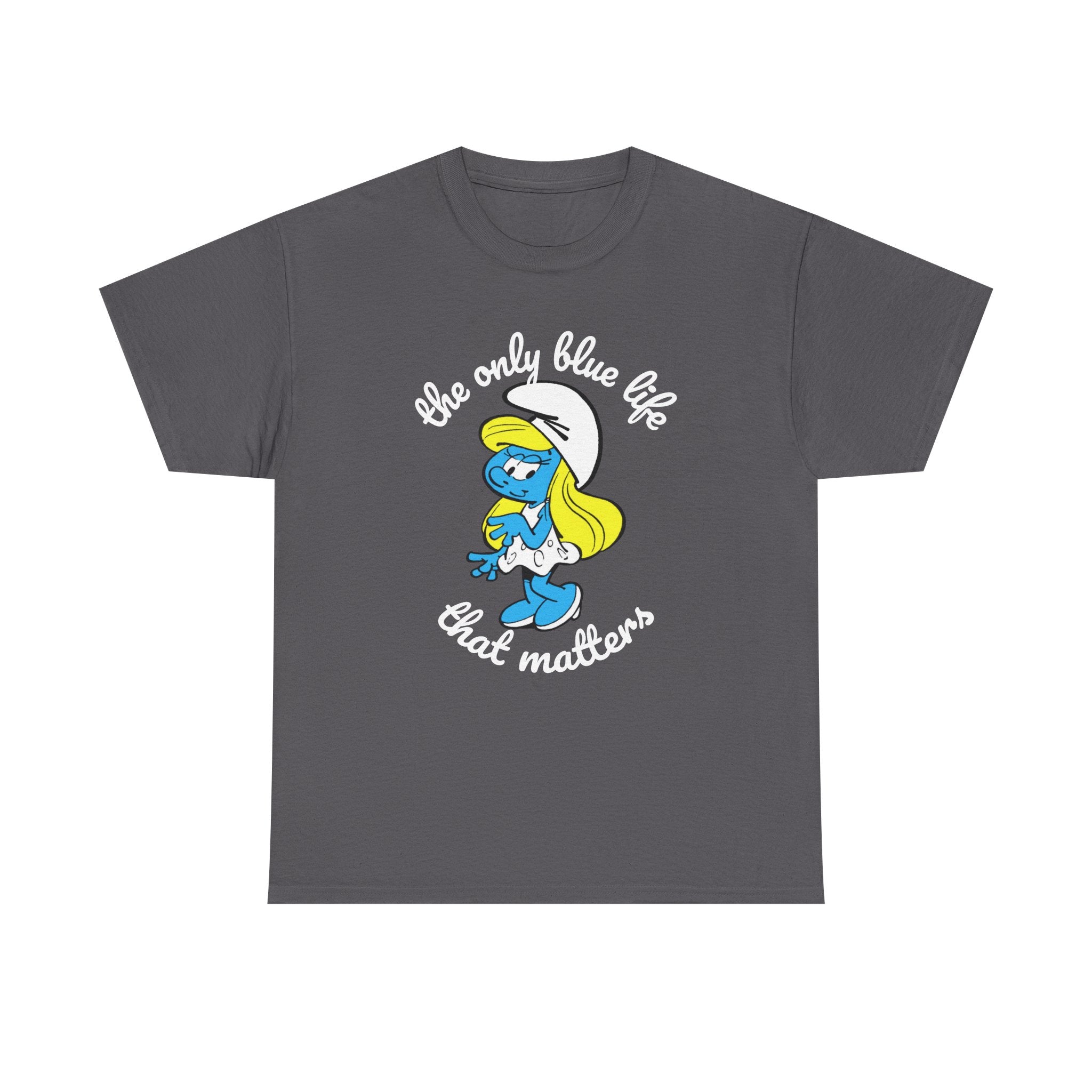 Gray t-shirt with Smurf graphic and text on a white background