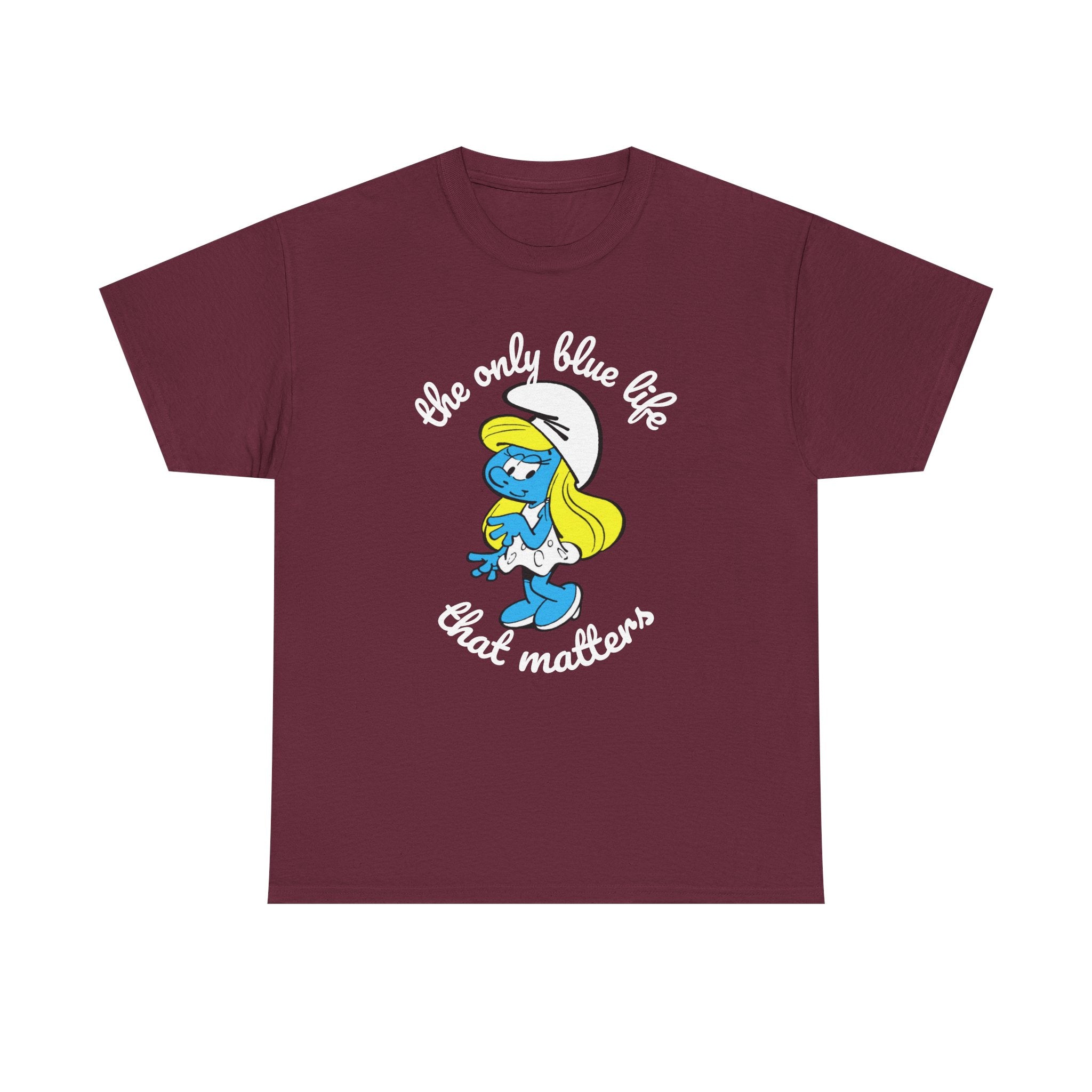 Maroon t-shirt with Smurf graphic and text on a white background