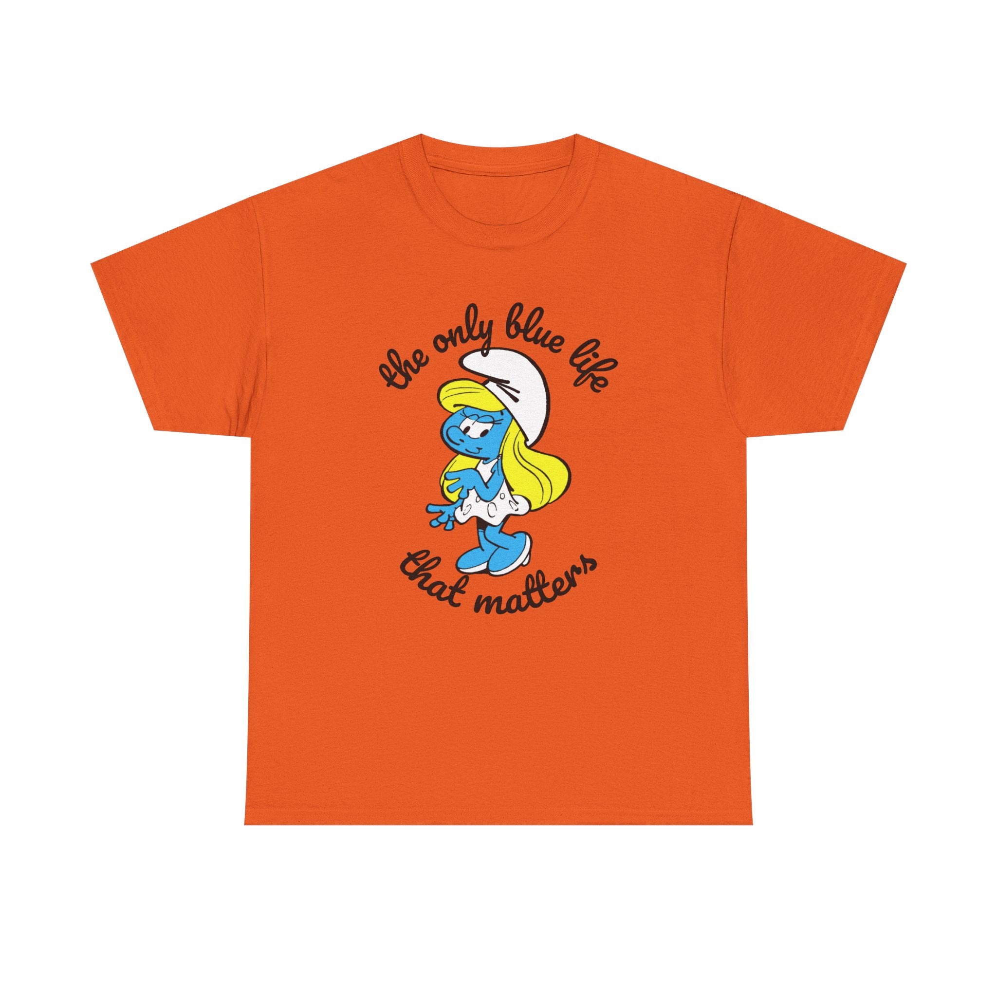 Orange t-shirt with a cartoon character and text on a white background