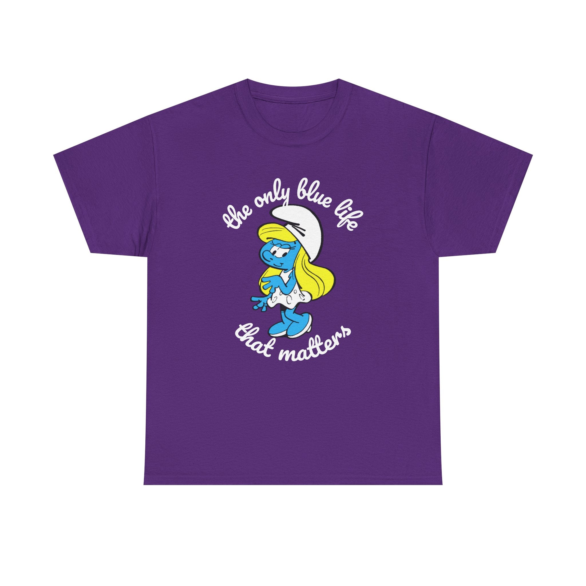 Purple t-shirt with Smurf graphic and text on a white background