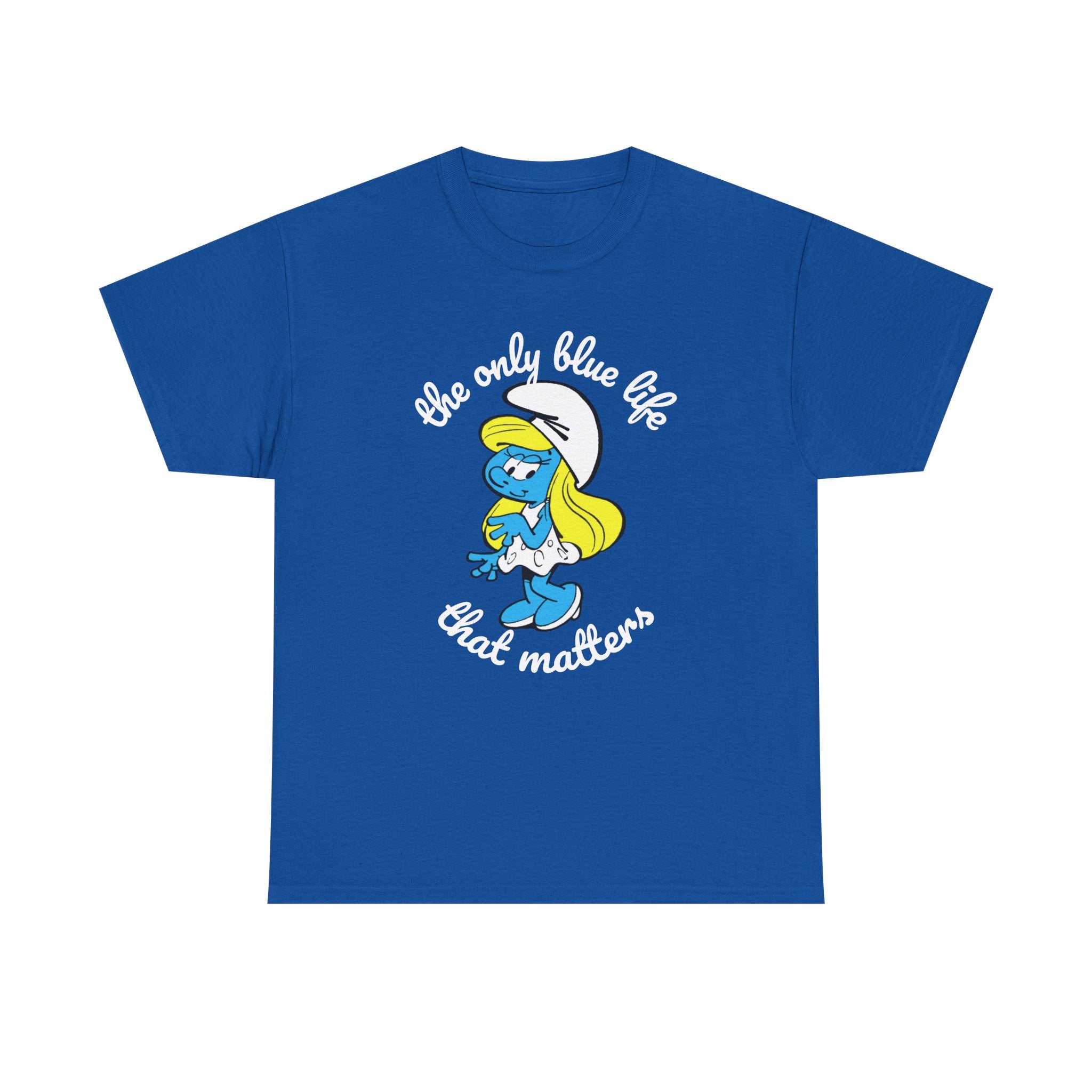 Blue t-shirt with a graphic of a character and text on a white background