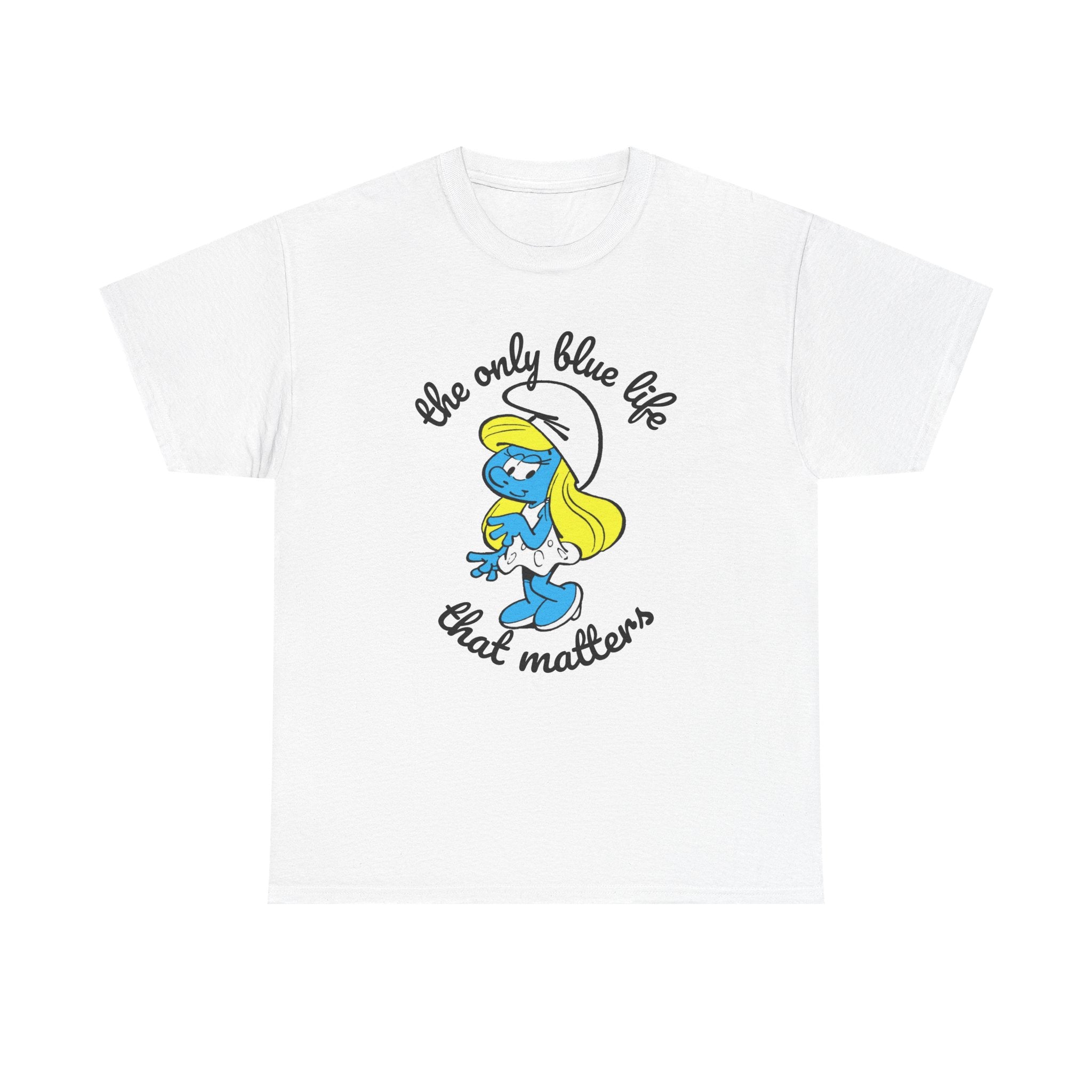 White t-shirt with Smurfette graphic and text on a white background