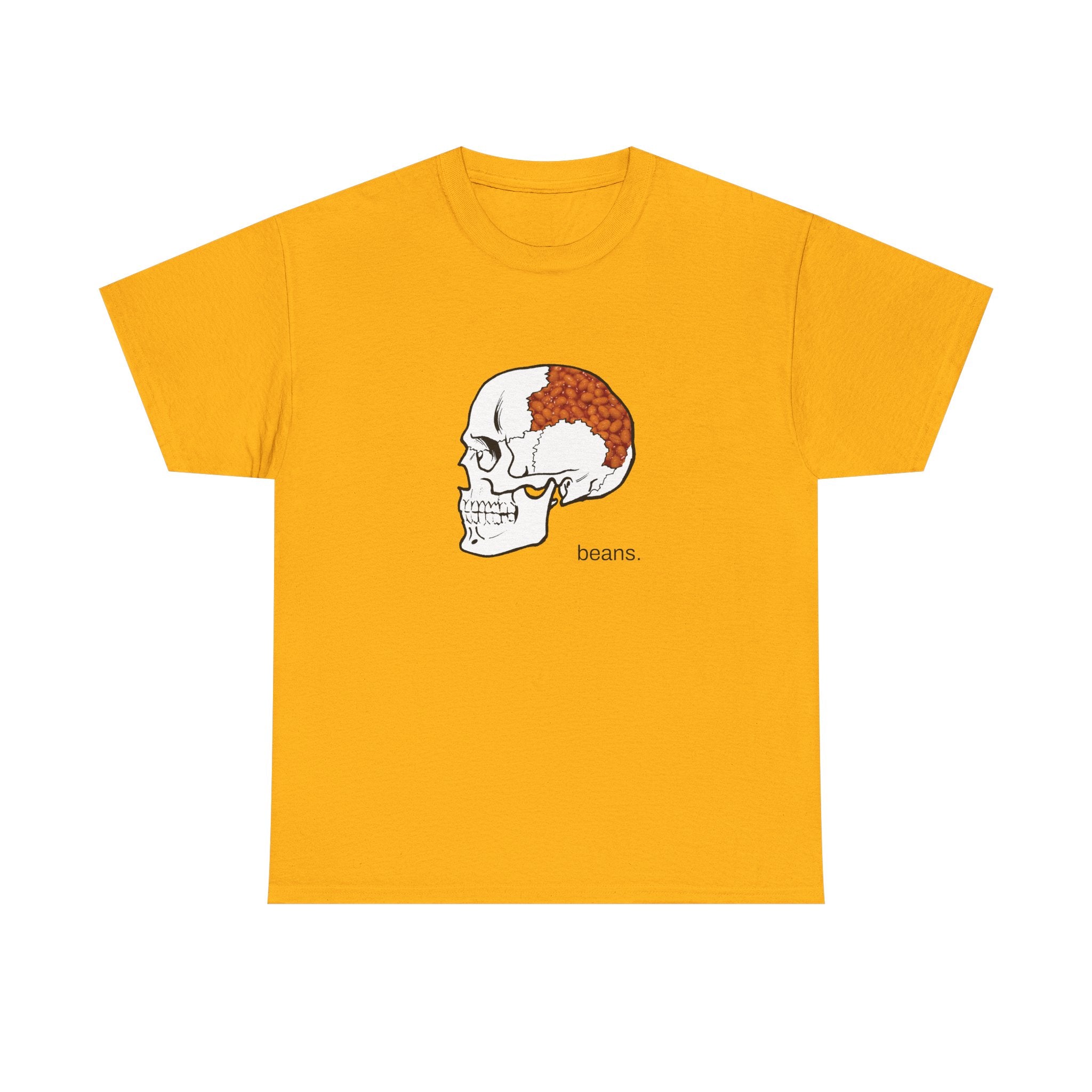 Yellow t-shirt with a skull graphic and 'beans' text on a white background