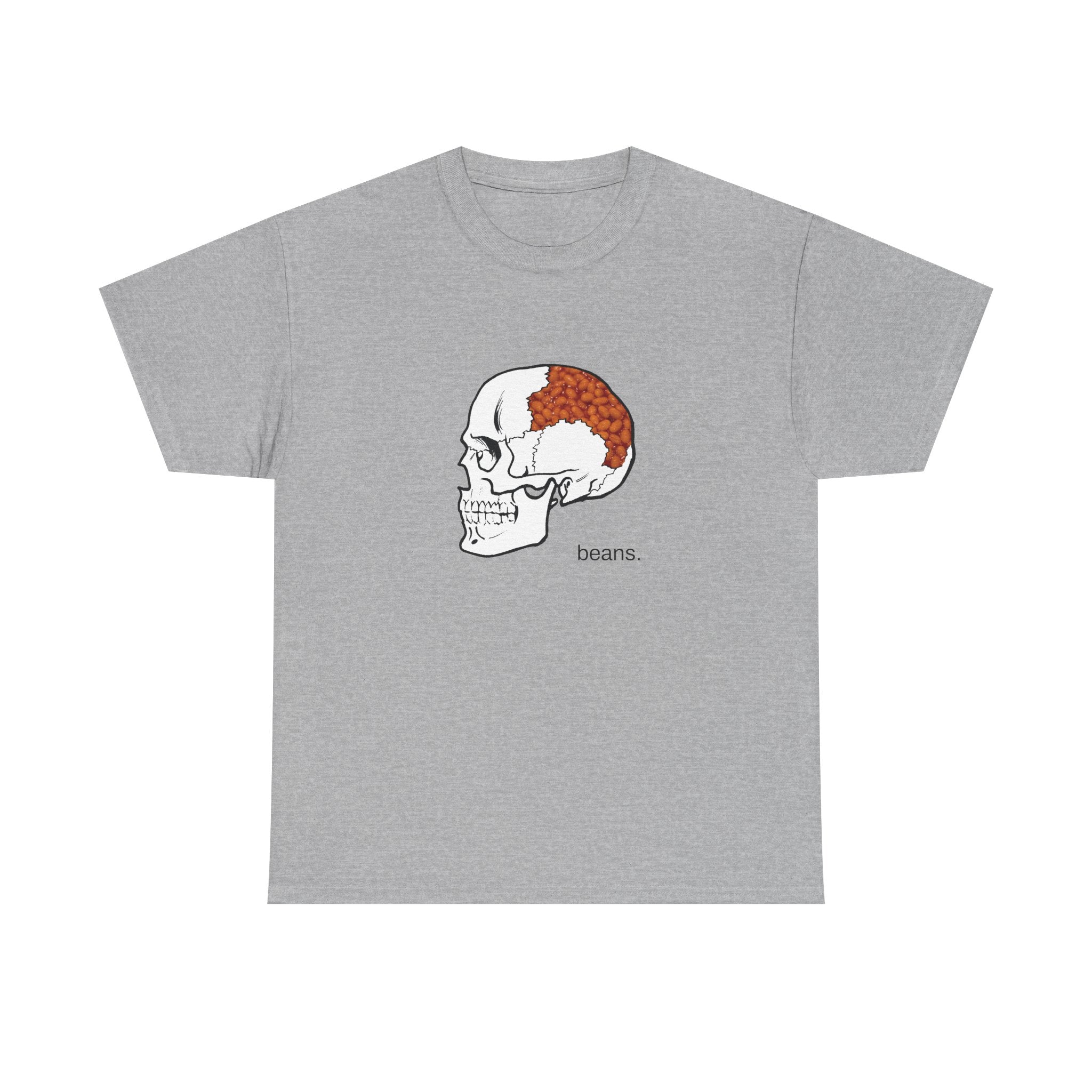 Gray t-shirt with a skull and brain graphic and 'beans' text on a white background