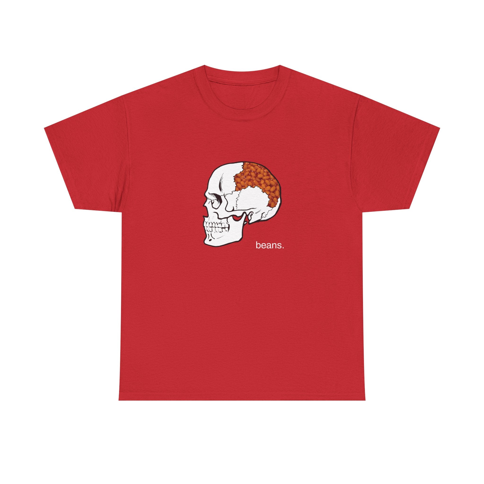 Red t-shirt with a skull design with beans in the brain on a white background