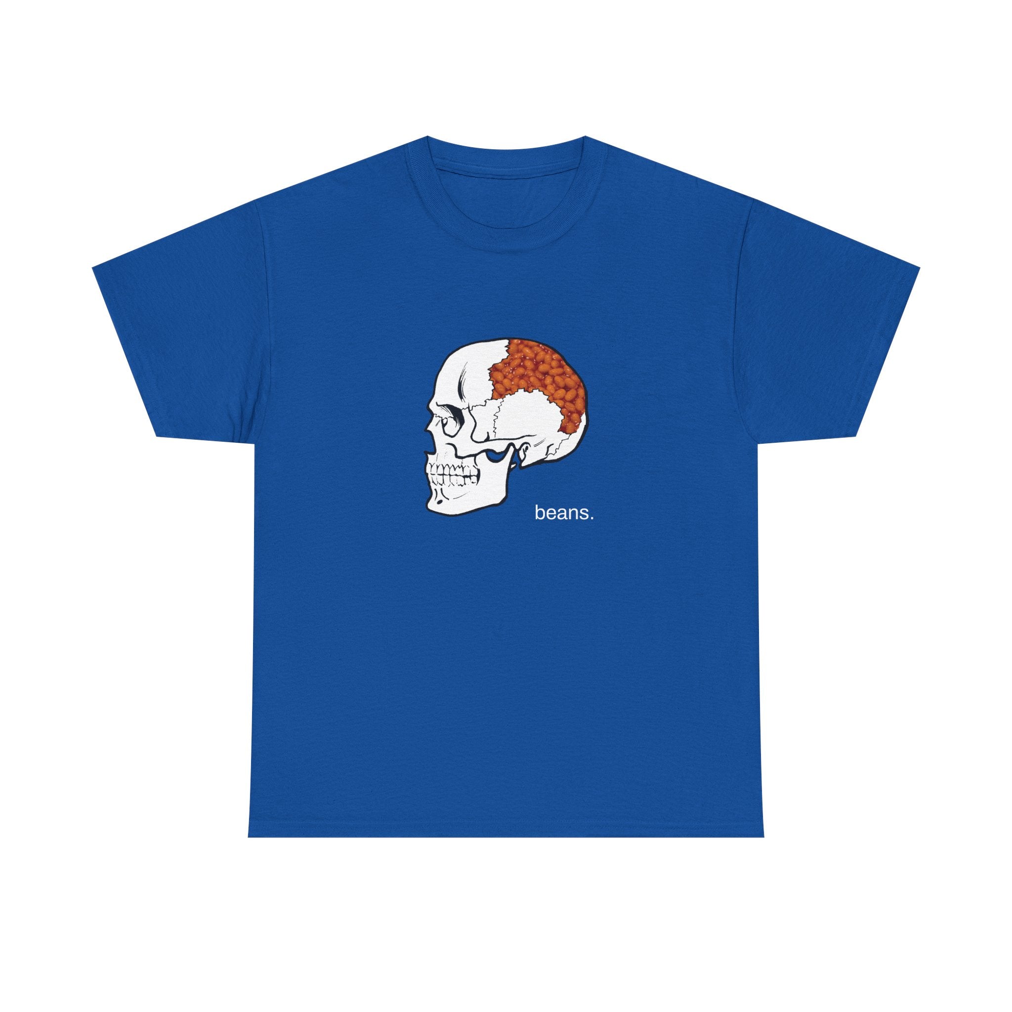 Blue t-shirt with a skull design and 'beans' text on a white background