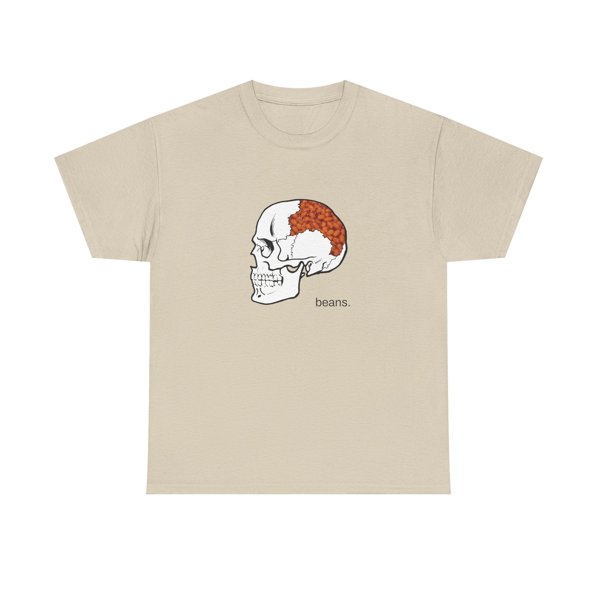 Beige t-shirt with a skull graphic and 'beans' text on a white background