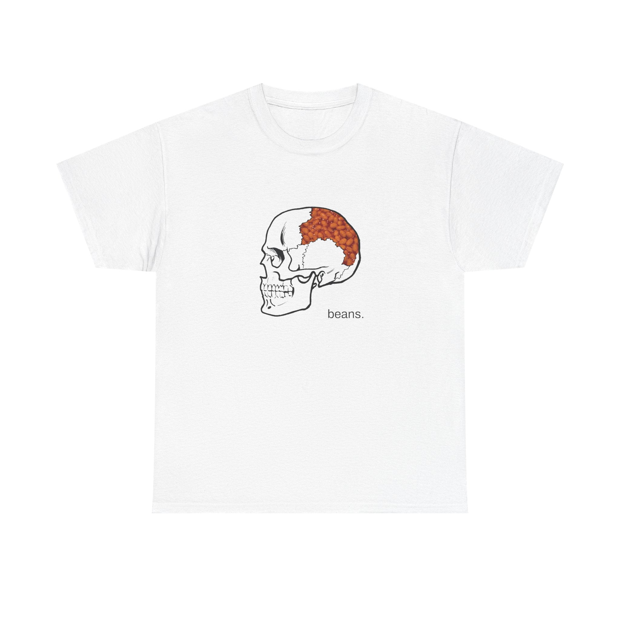 White t-shirt with a skull graphic and 'beans' text on a white background