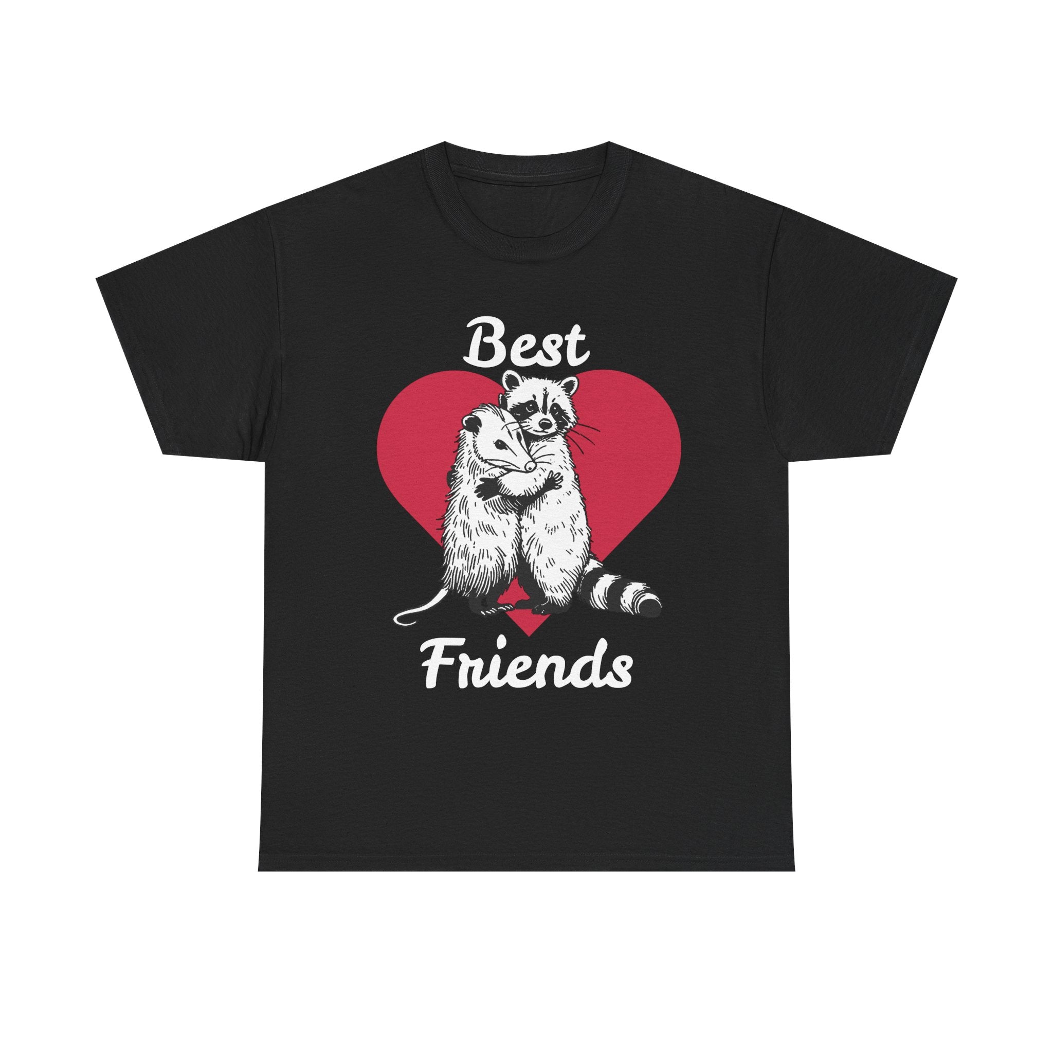 Black t-shirt with raccoons and 'Best Friends' text on a white background