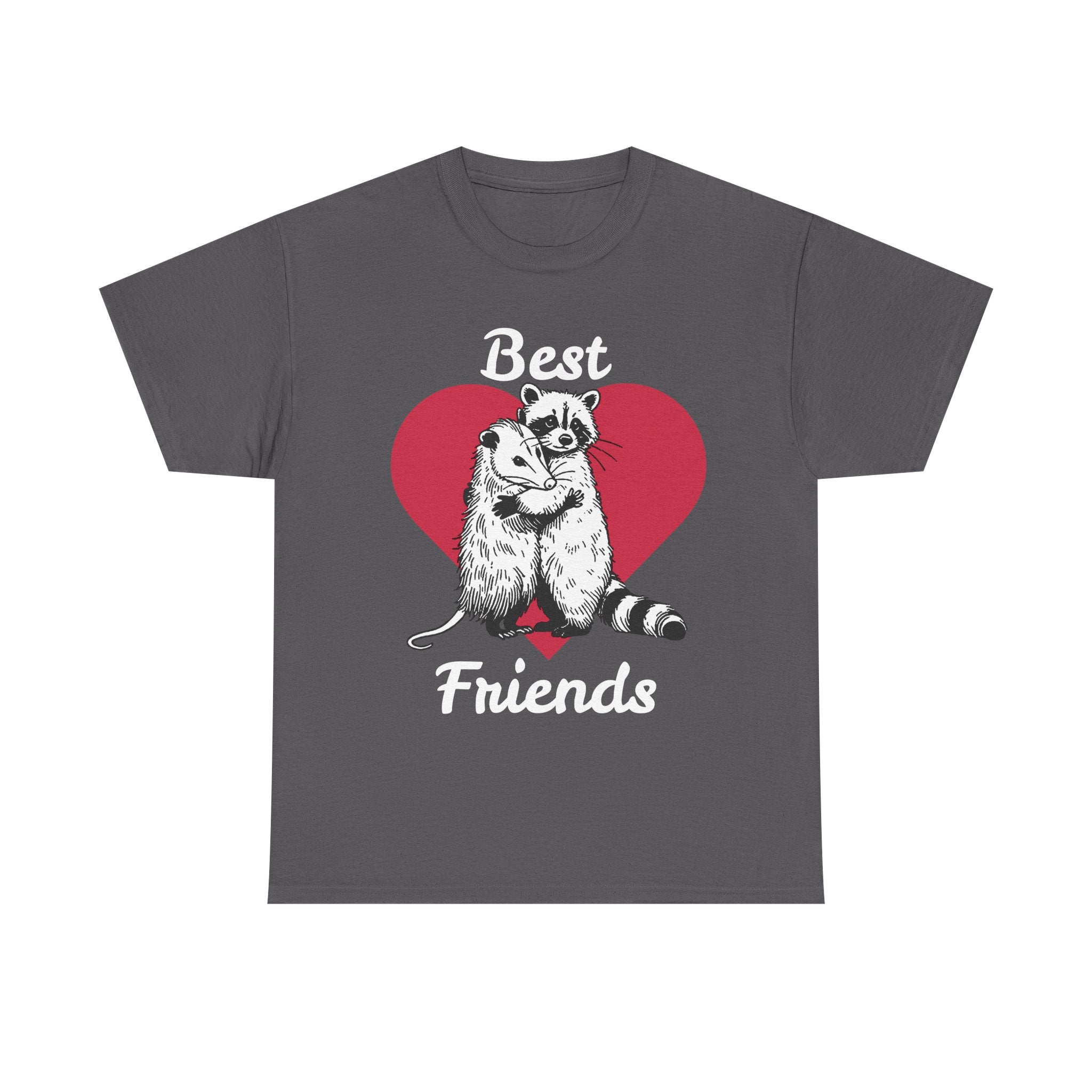 Gray t-shirt with raccoons and 'Best Friends' text on a white background