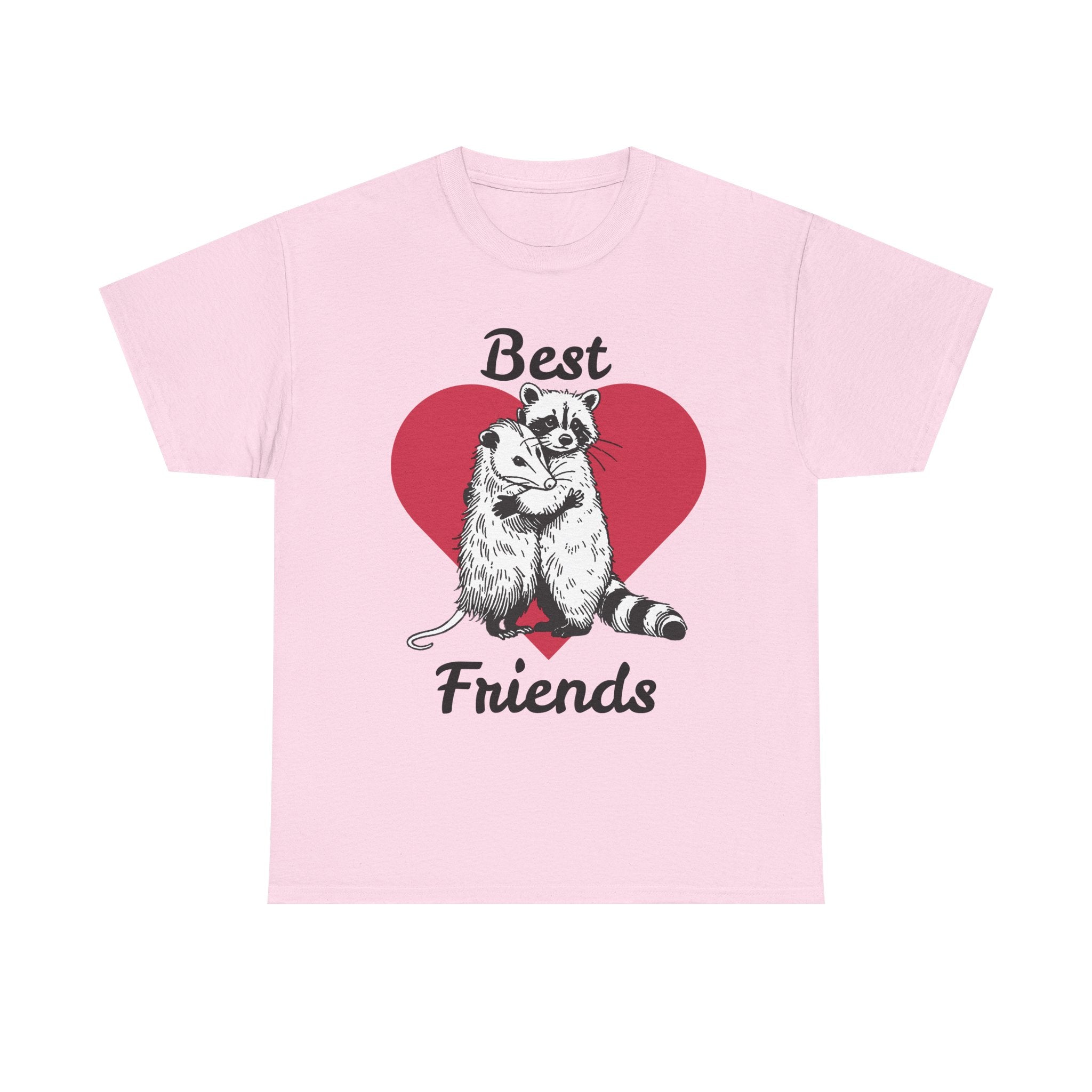 Pink t-shirt with raccoons and 'Best Friends' text on a white background