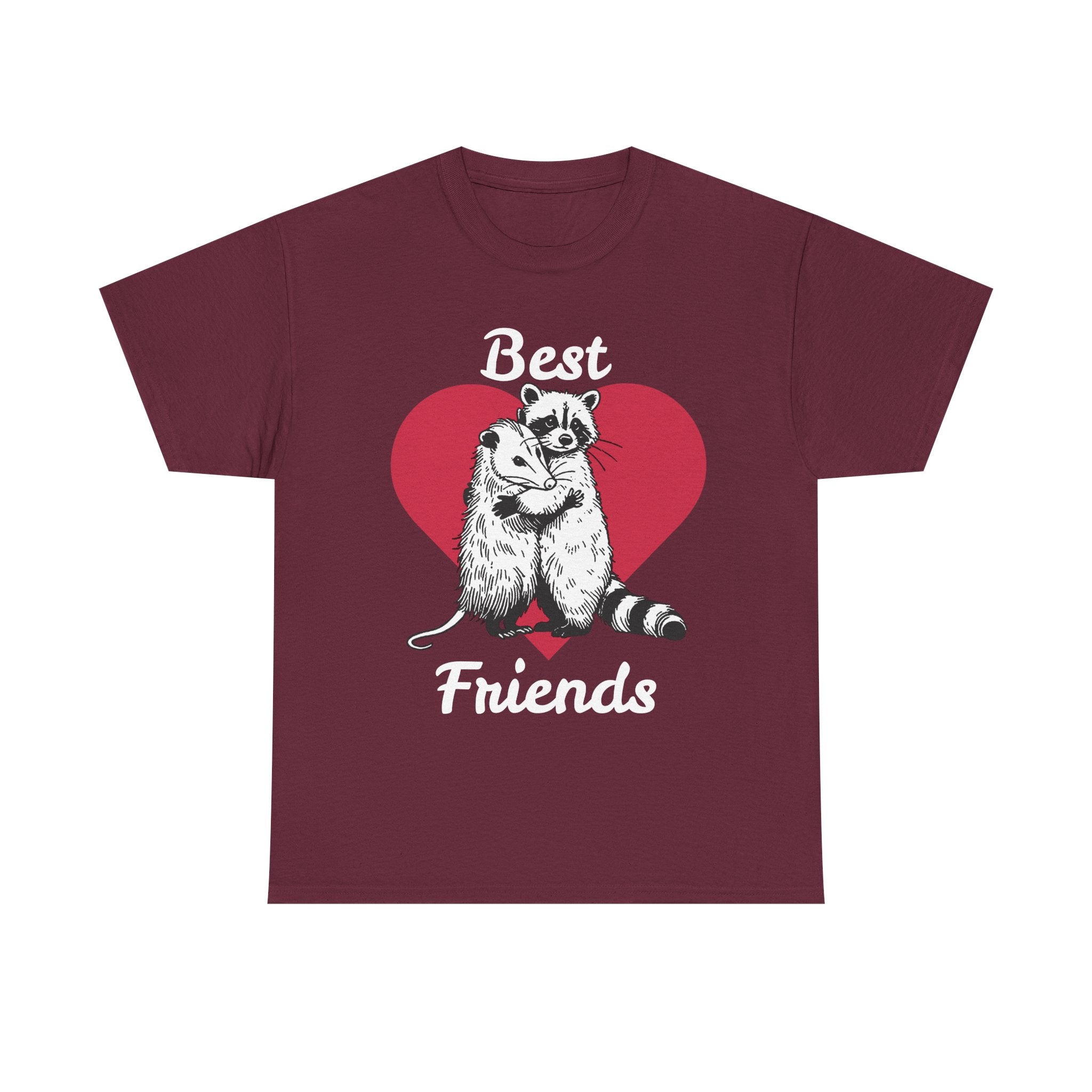 Maroon t-shirt with raccoons and a heart design on a white background