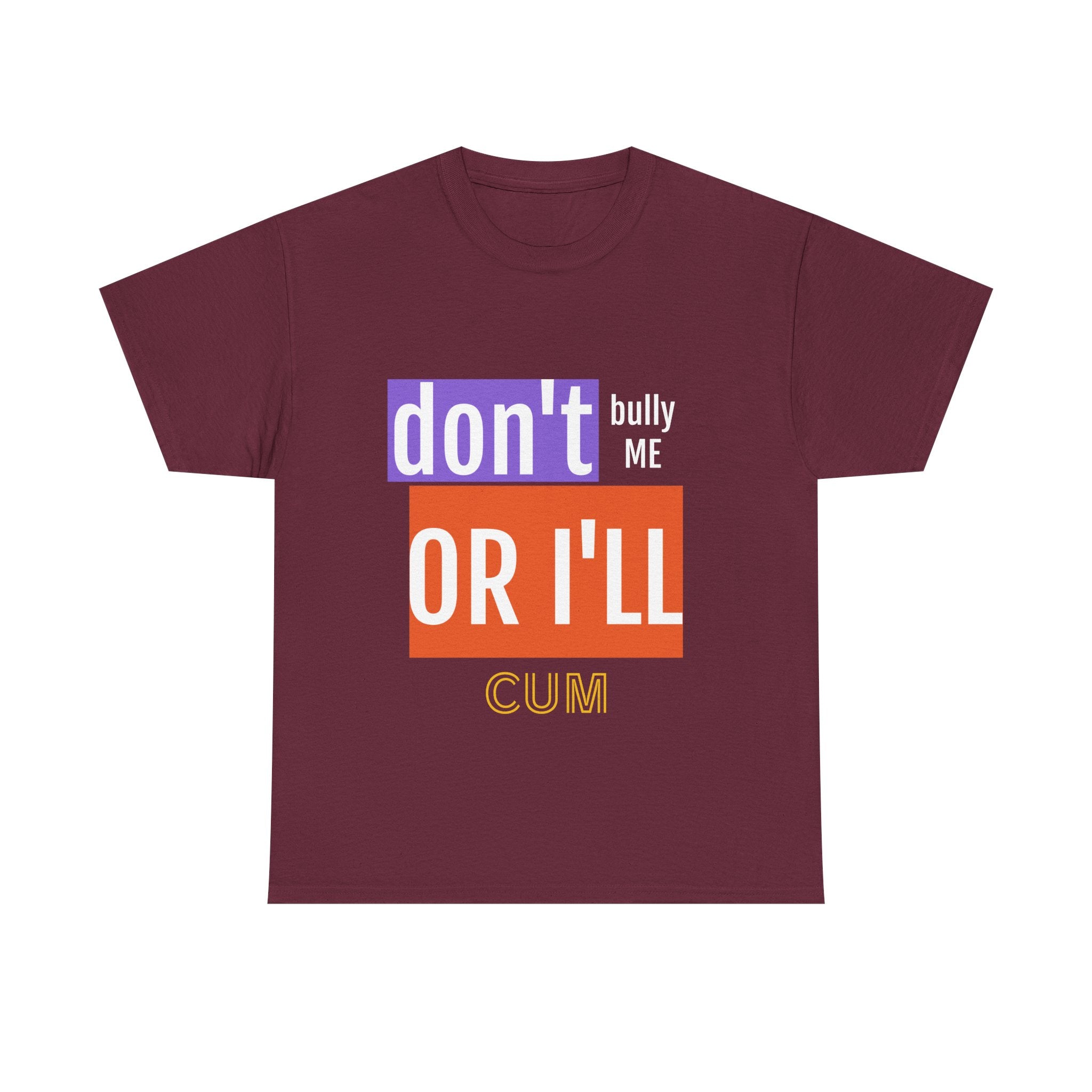 Maroon t-shirt with colorful text on a white background