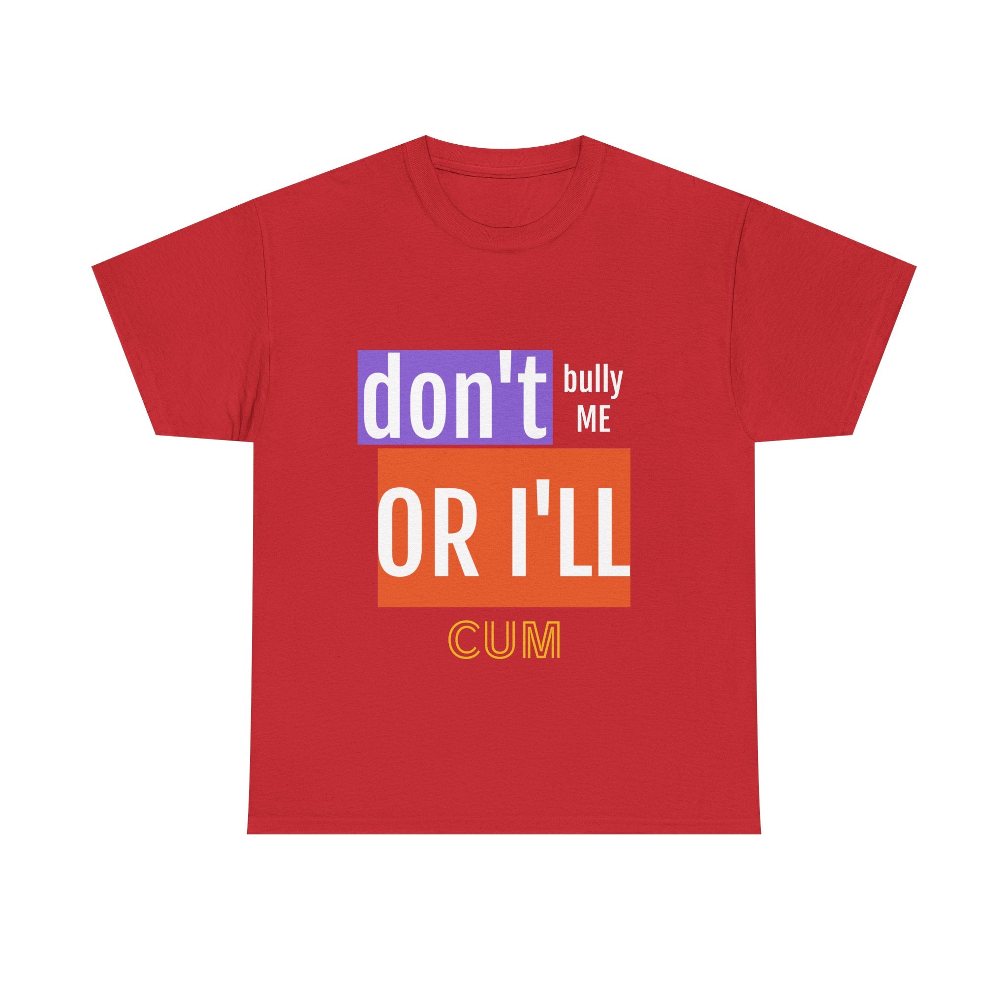 Red t-shirt with colorful text on a white background