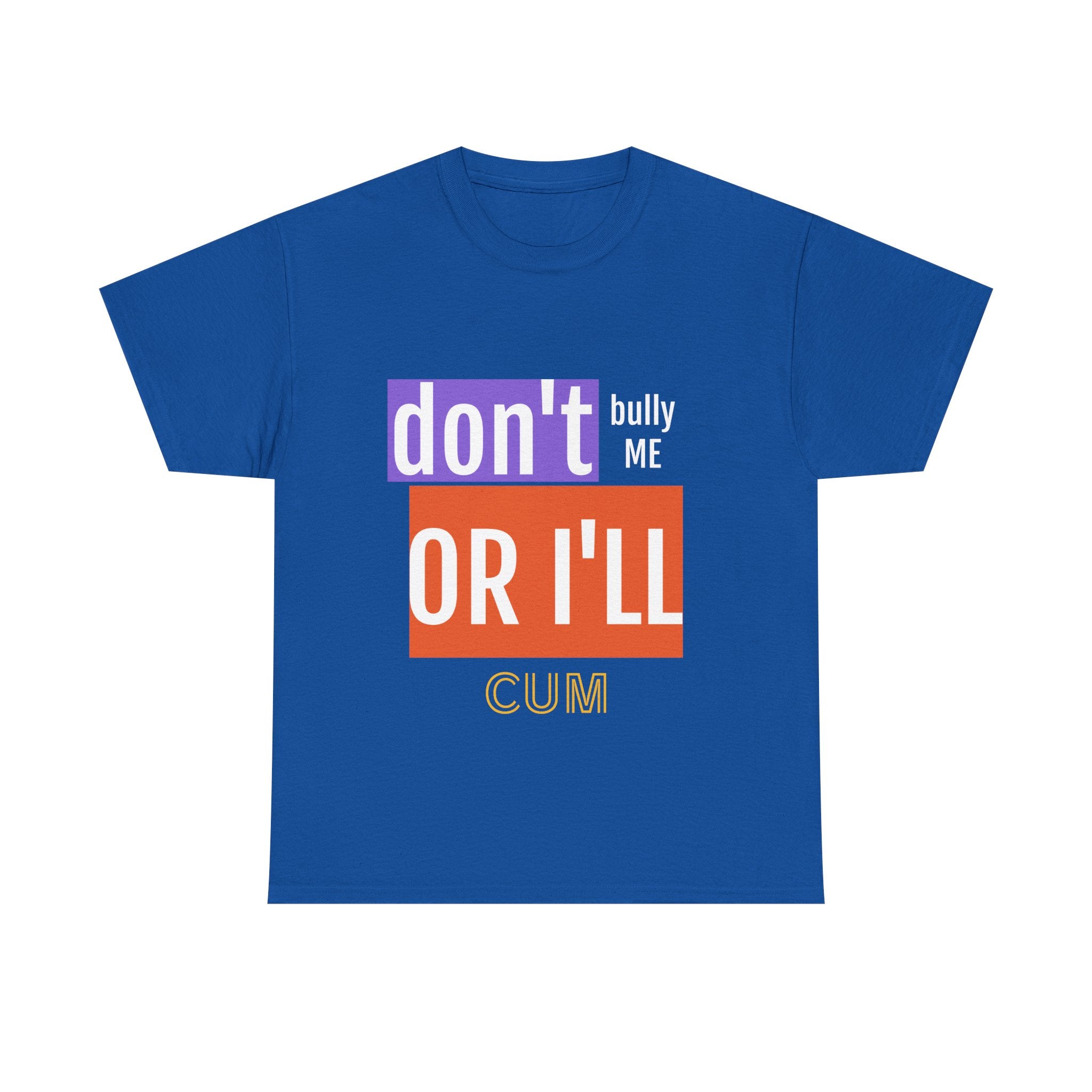 Blue t-shirt with colorful text on a white background