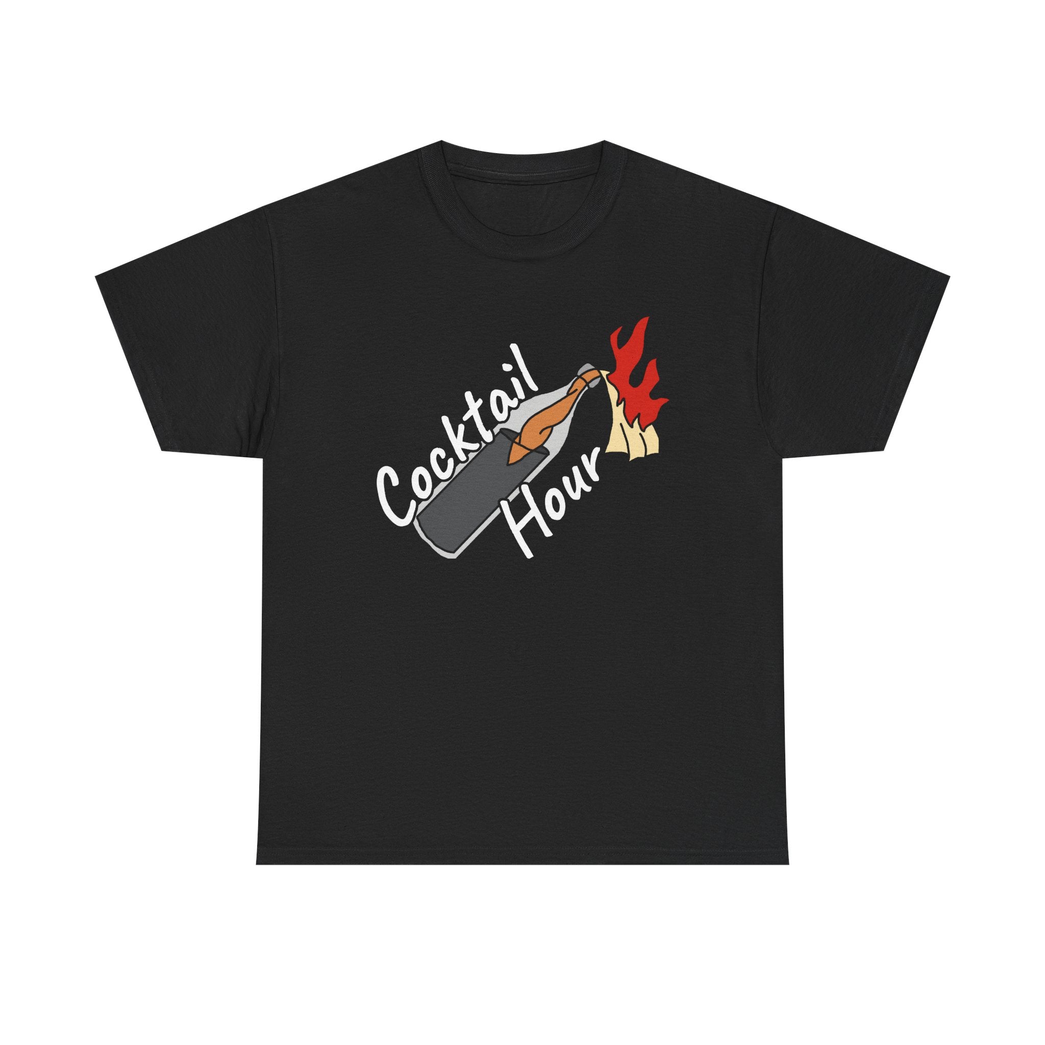 Black t-shirt with 'Cocktail Hour' graphic design on a white background