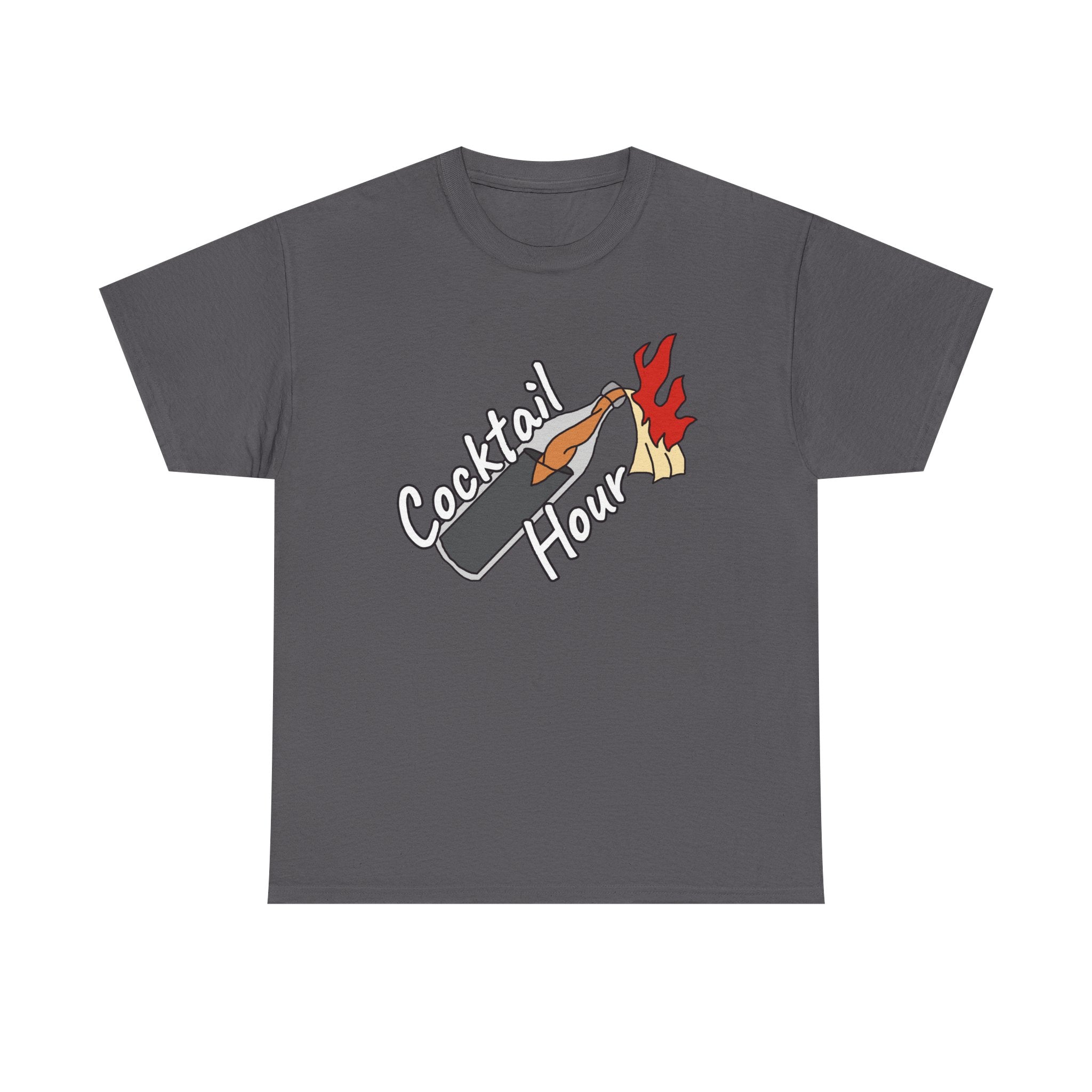 Gray t-shirt with 'Cocktail Hour' graphic design on a white background