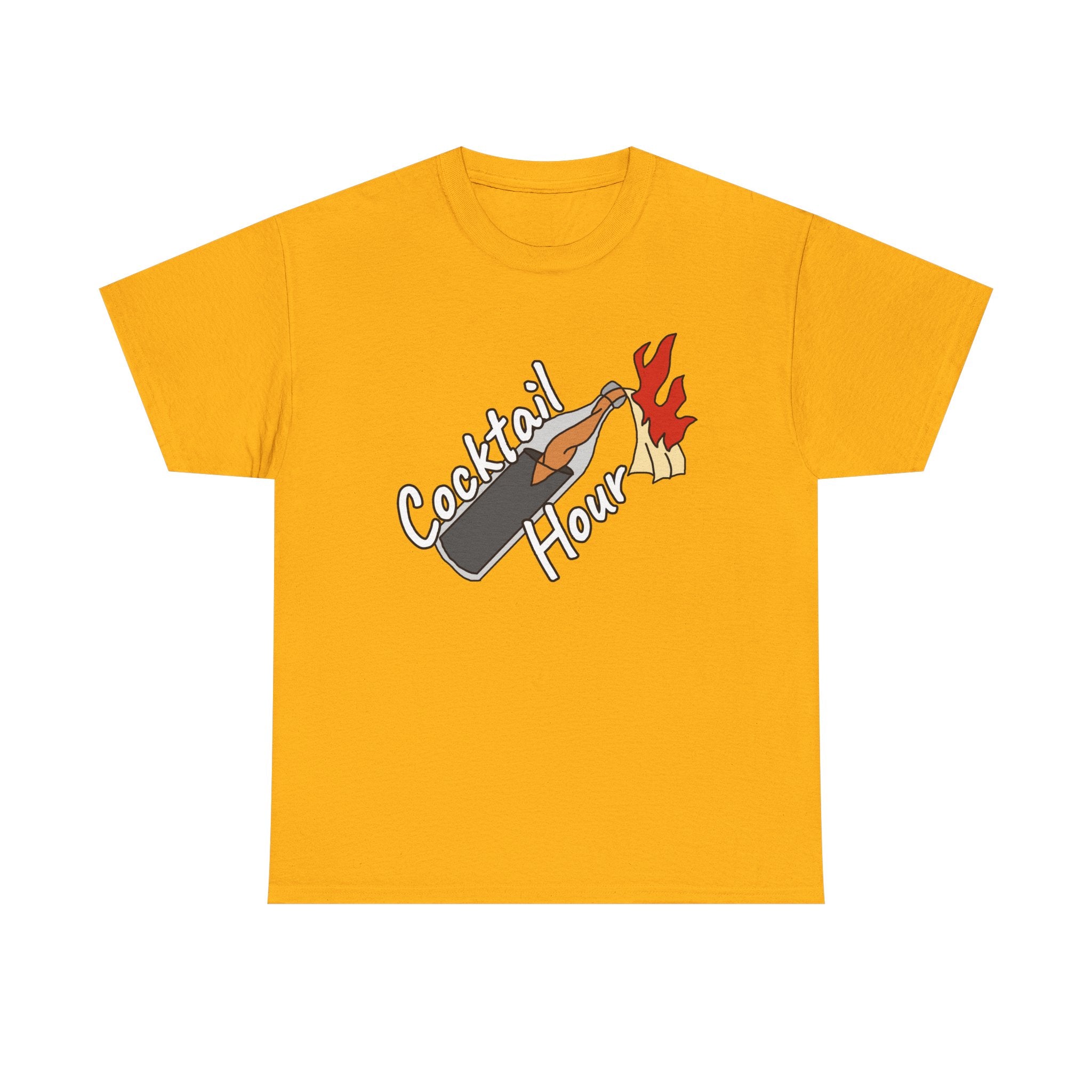 Yellow t-shirt with 'Cocktail Hour' graphic design on a white background