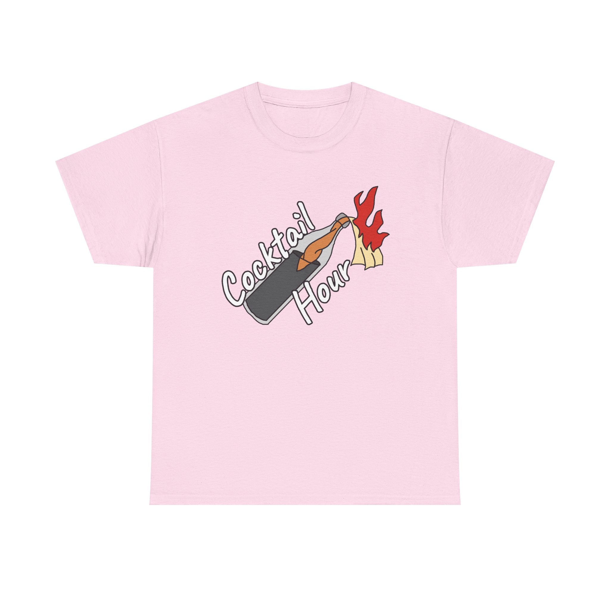 Pink t-shirt with 'Cocktail Hour' graphic on a white background