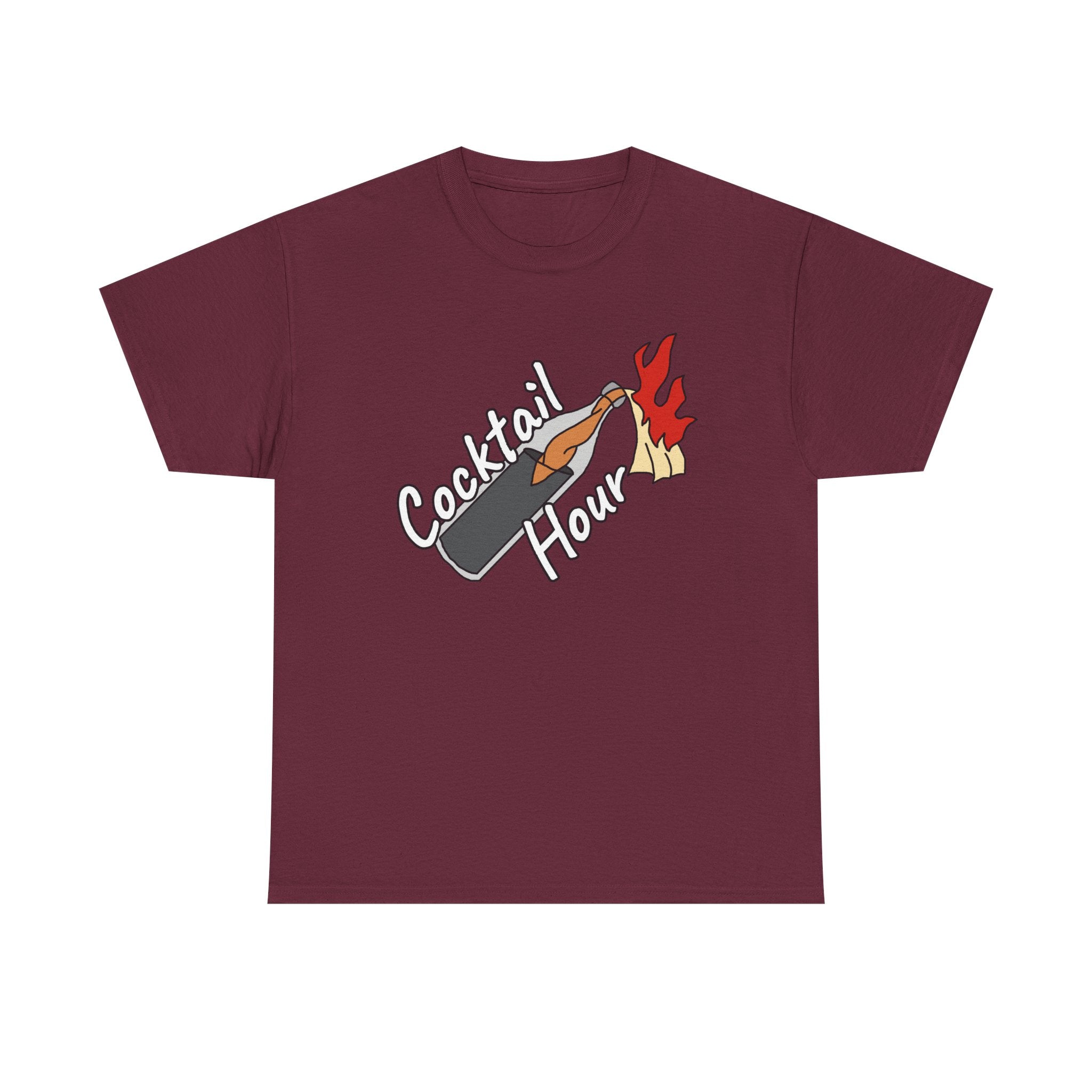 Maroon t-shirt with 'Cocktail Hour' graphic on a white background