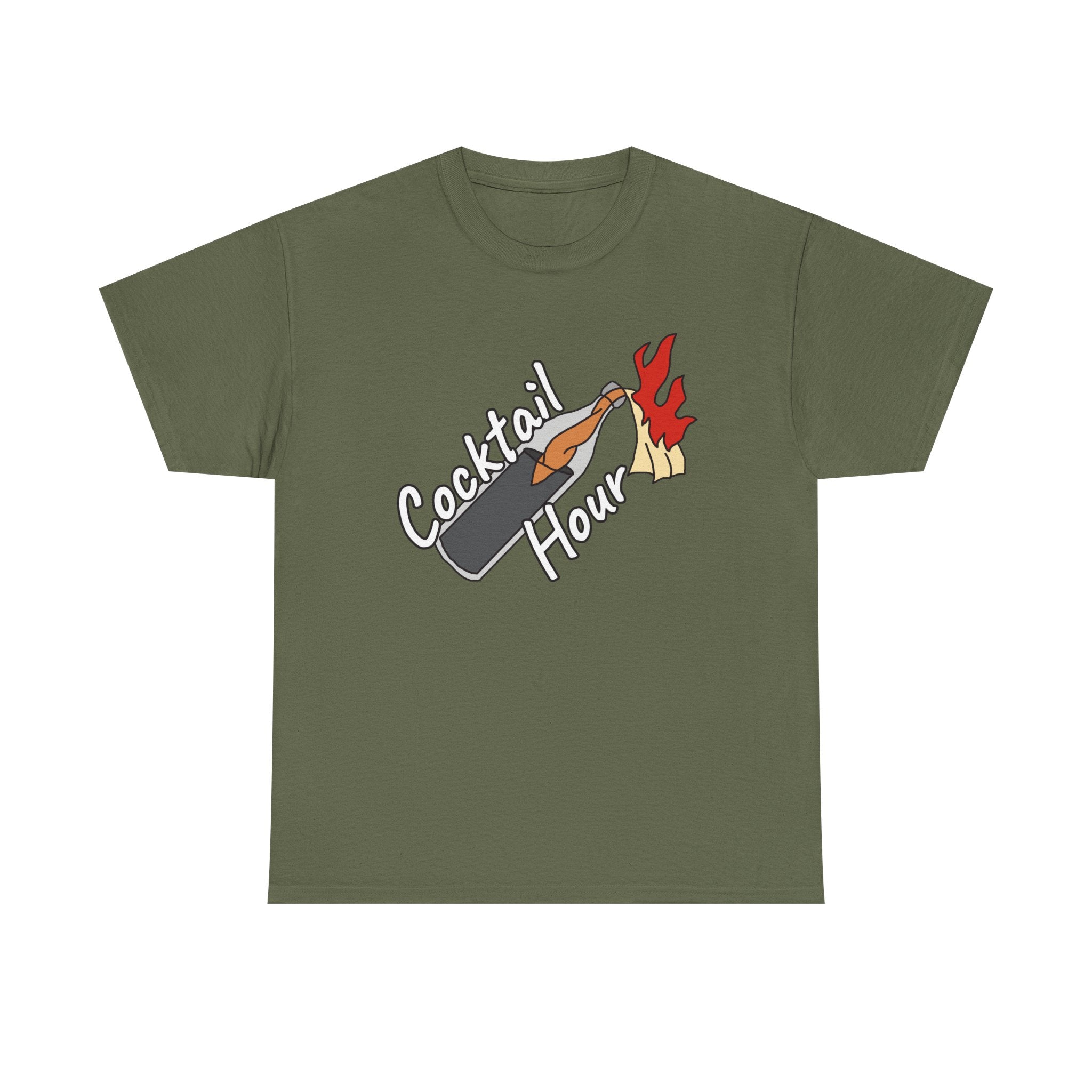 Green t-shirt with 'Cocktail Hour' graphic on a white background
