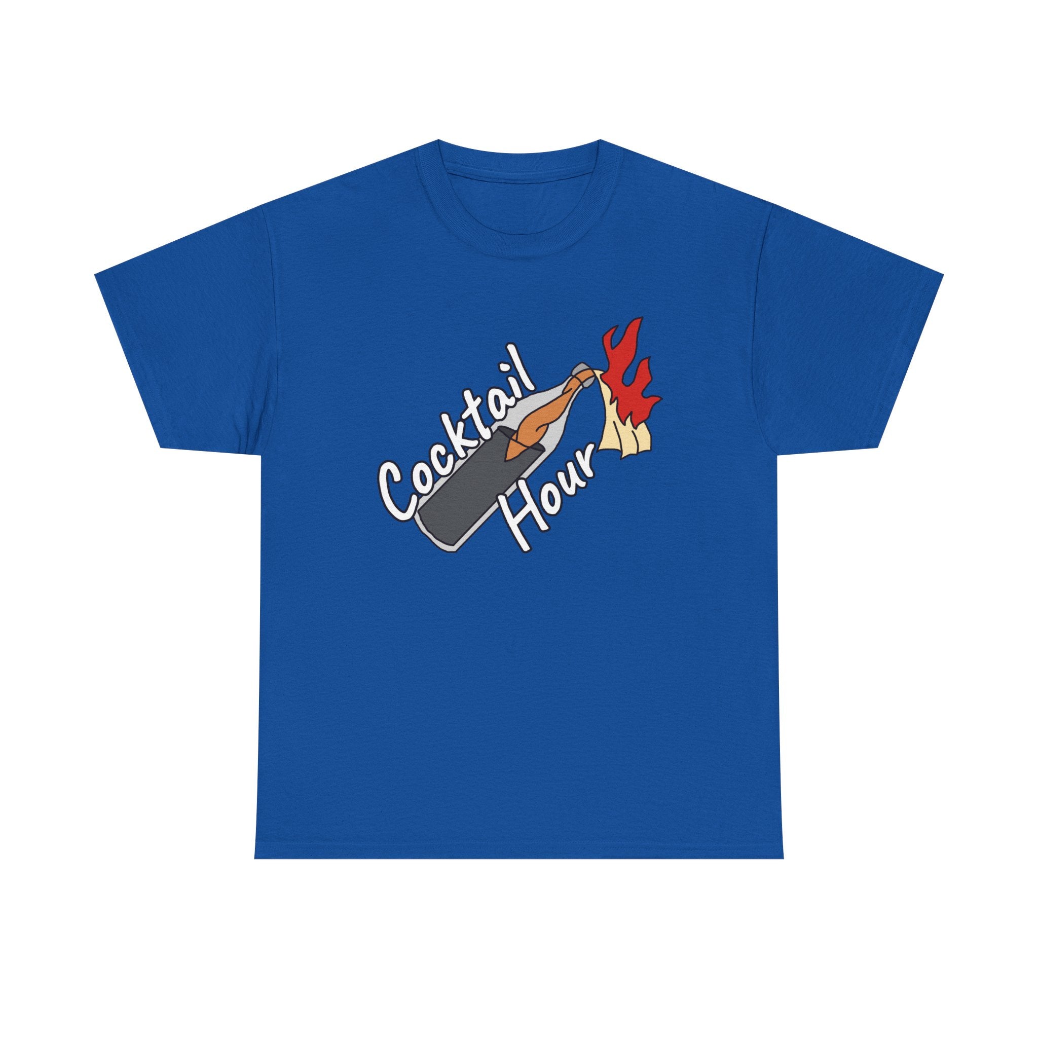 Blue t-shirt with 'Cocktail Hour' graphic design on a white background