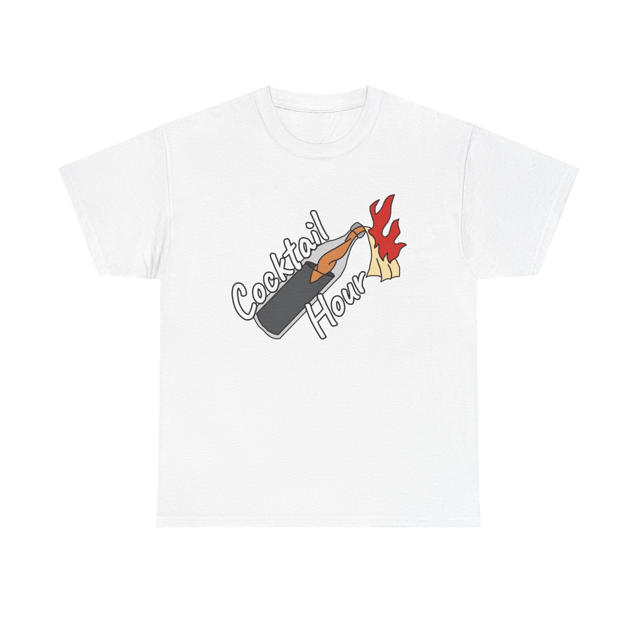 White t-shirt with 'Cocktail Hour' graphic design on a white background