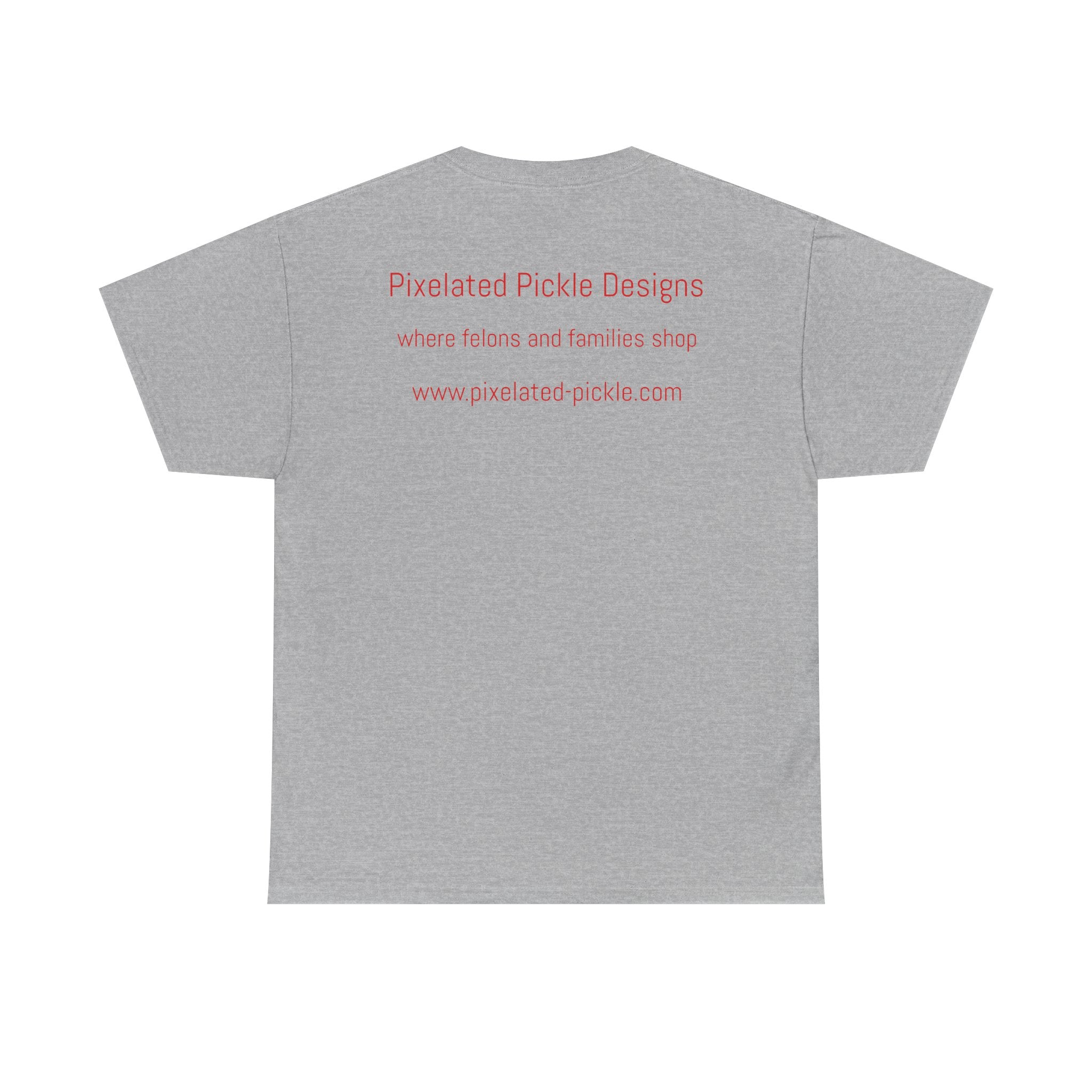 Gray t-shirt with red text on the back on a white background