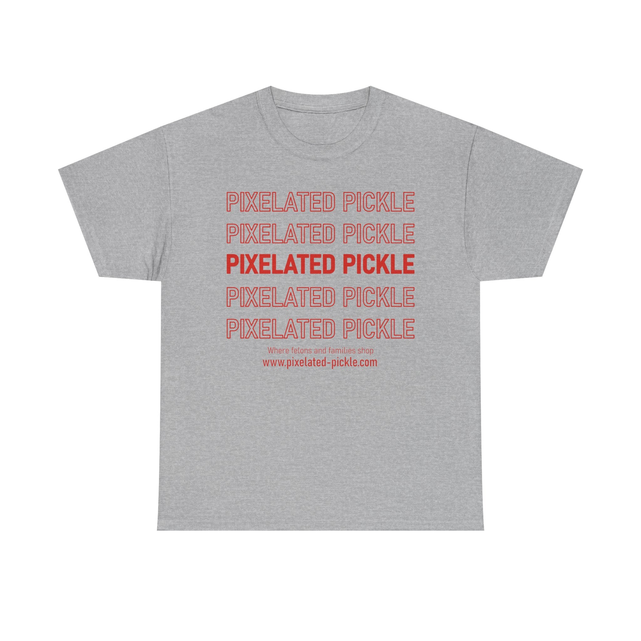 Gray t-shirt with red 'Pixelated Pickle' text on a white background
