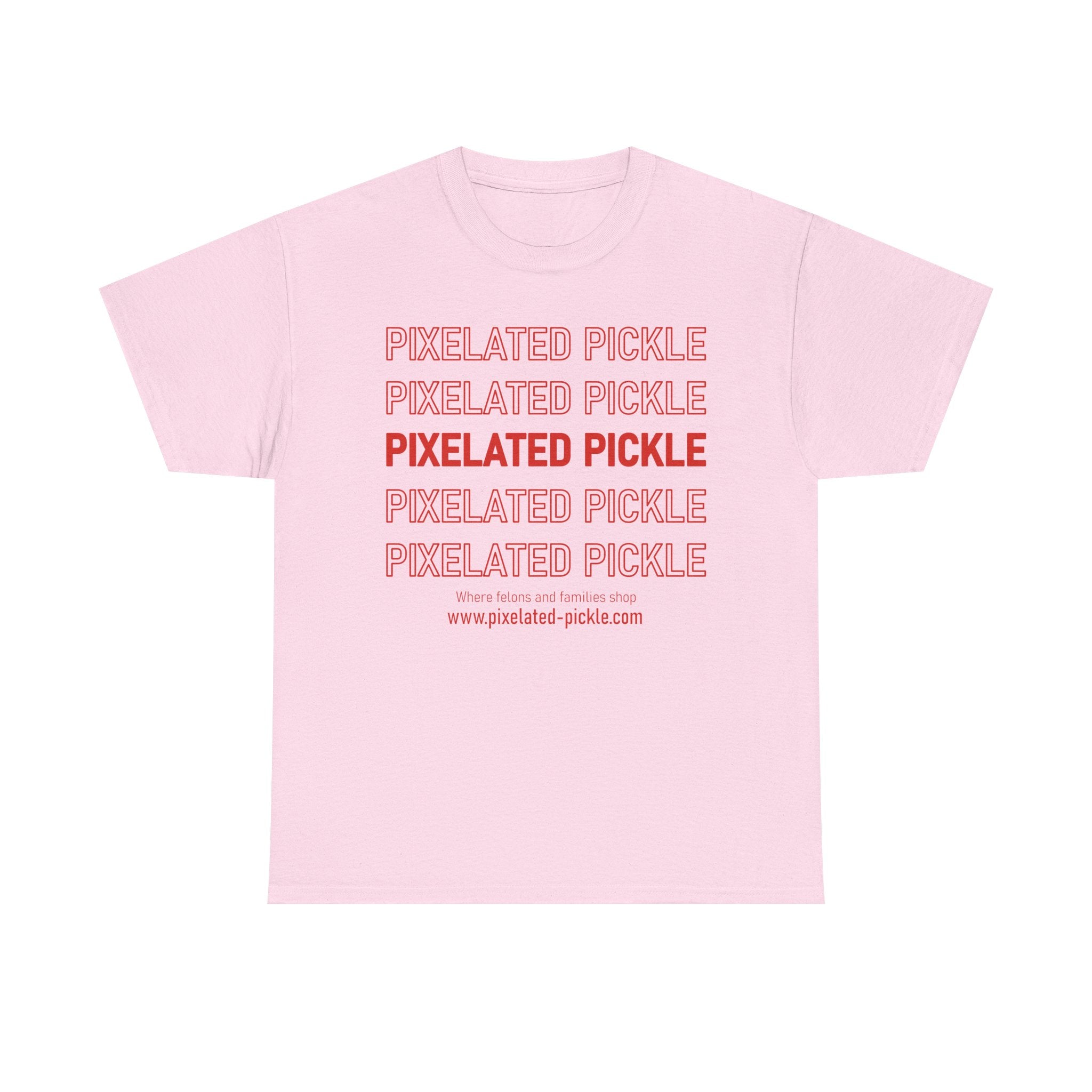 Pink t-shirt with red text on a white background