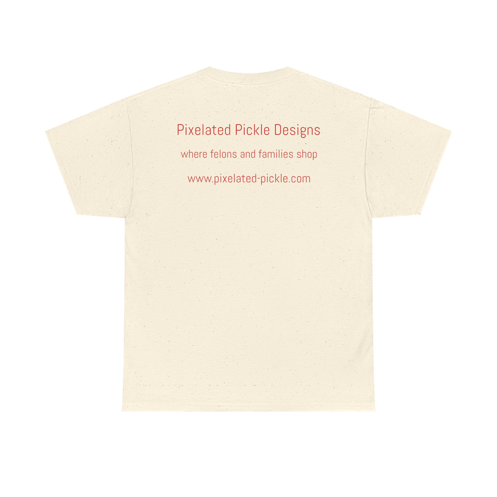 Beige t-shirt with red text on a white background