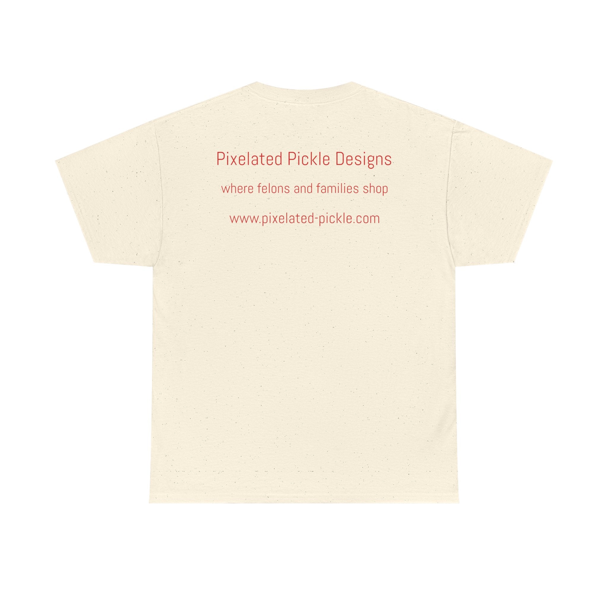 Beige t-shirt with red text on a white background