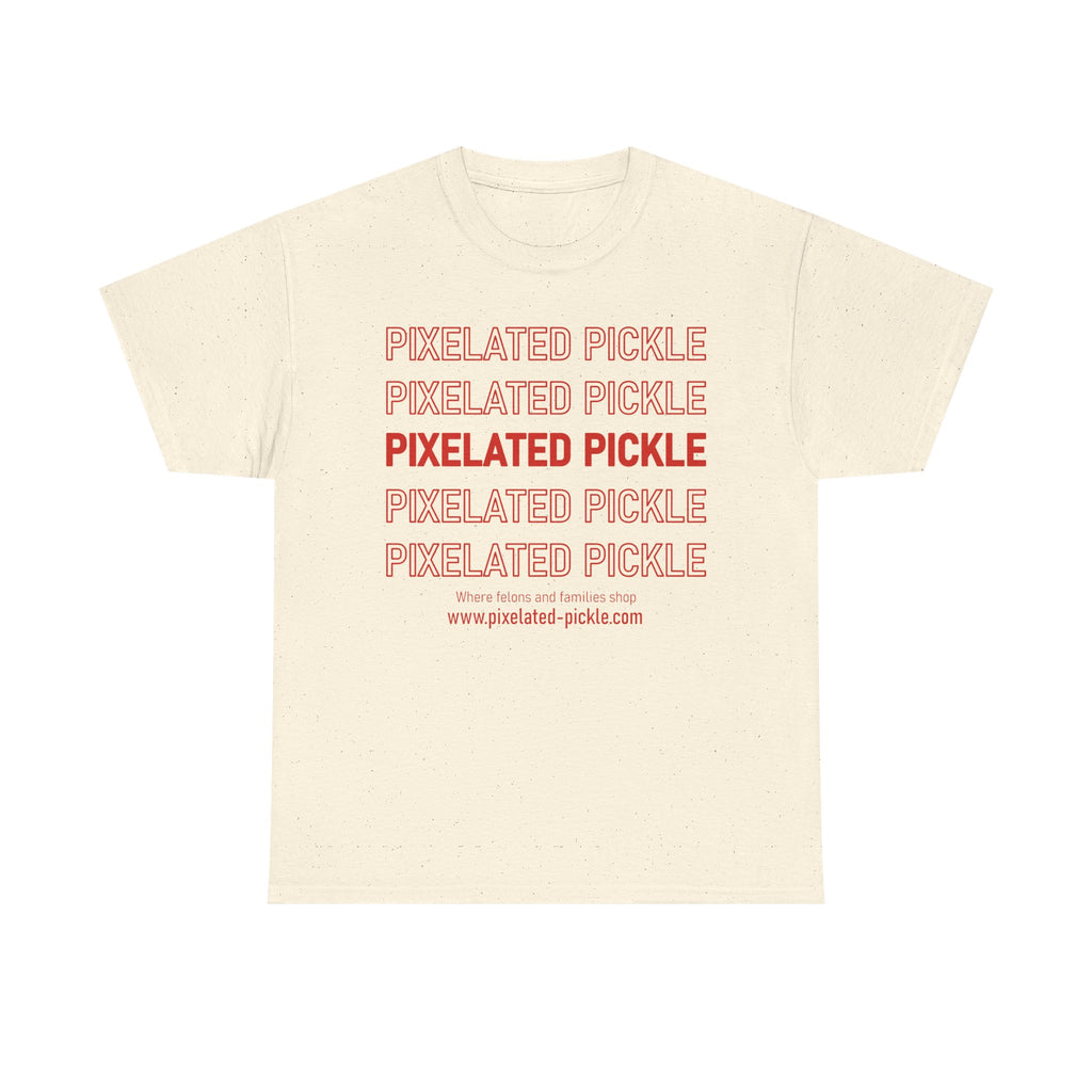 Beige t-shirt with red 'Pixelated Pickle' text on a white background