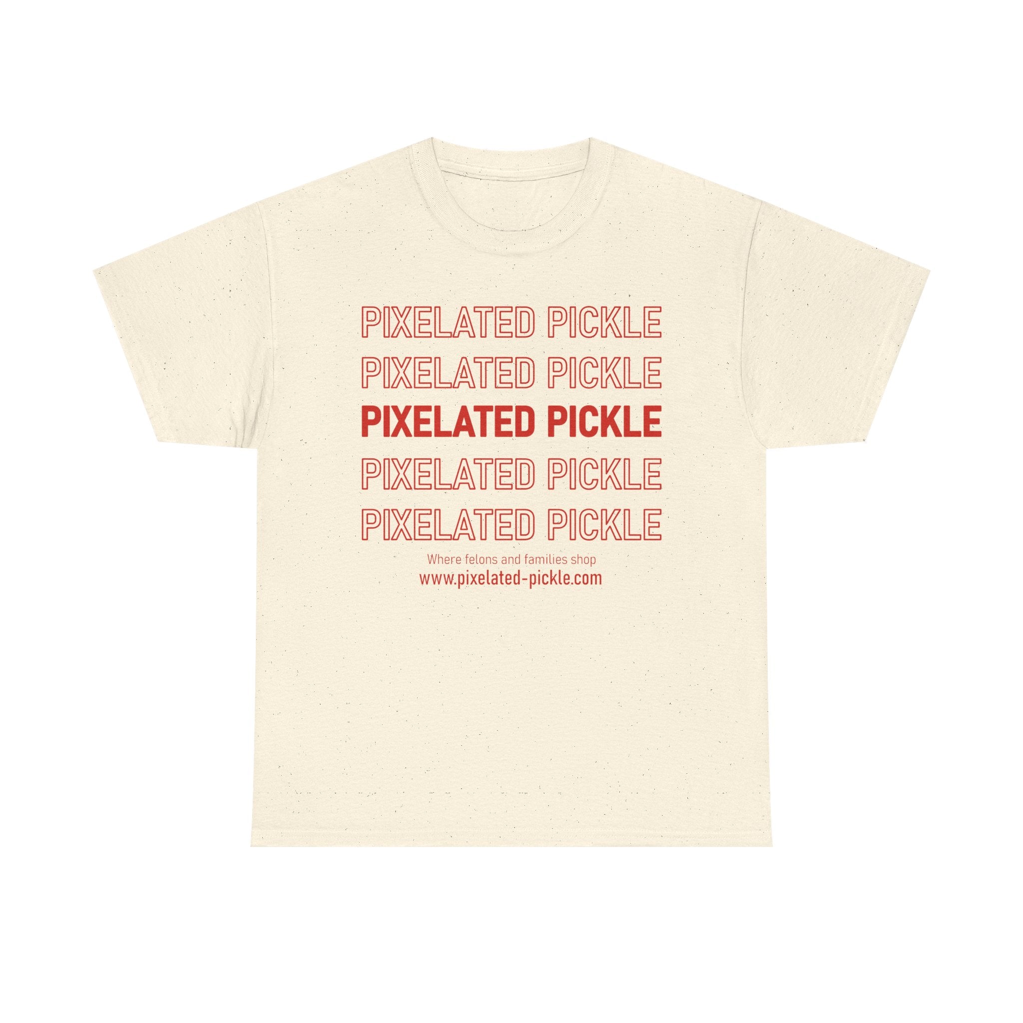 Beige t-shirt with red 'Pixelated Pickle' text on a white background