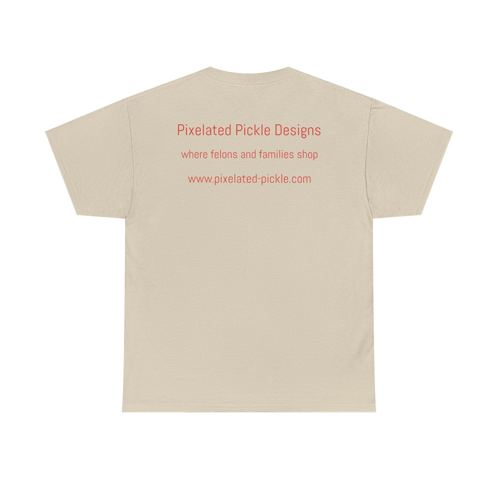 Beige t-shirt with red text on a white background
