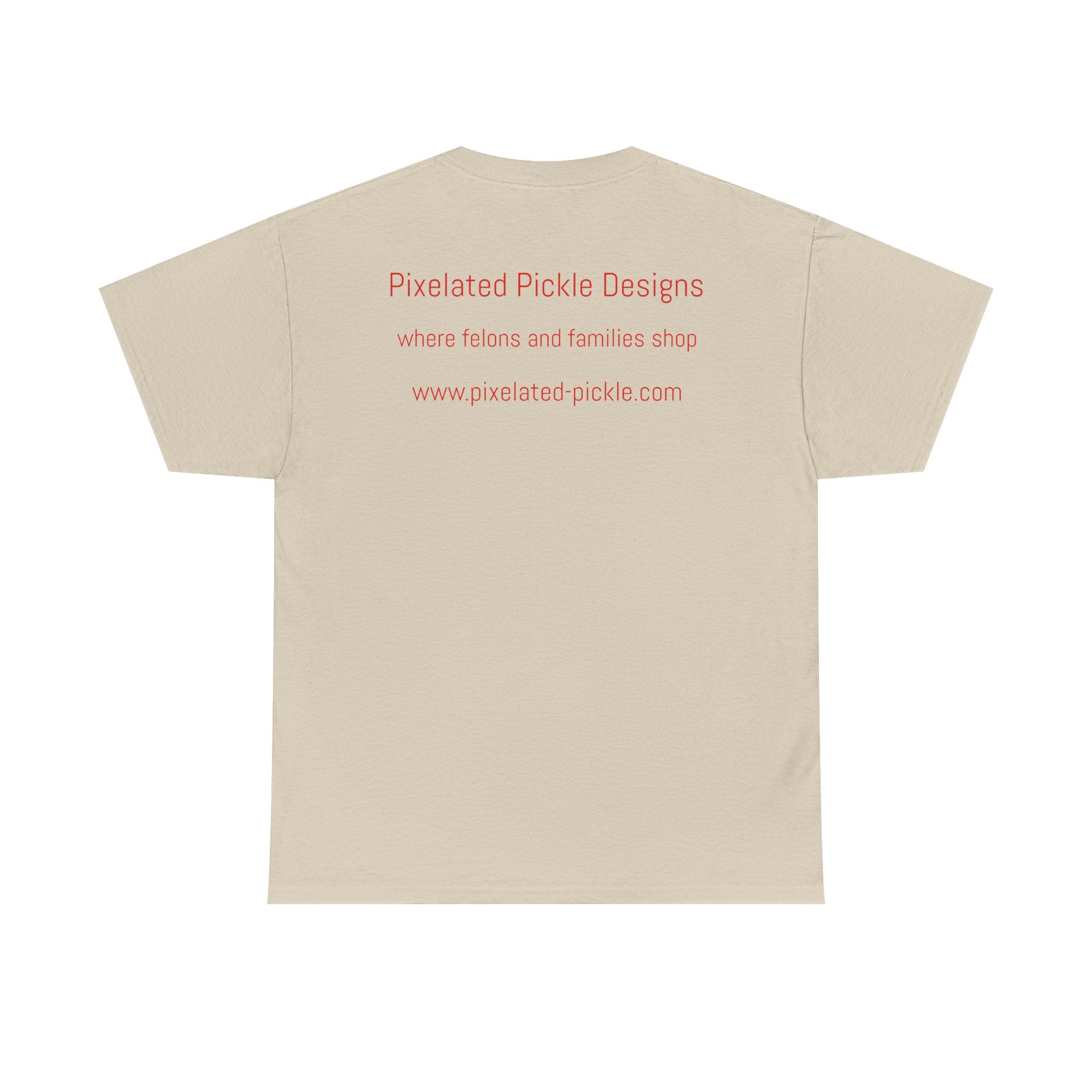 Beige t-shirt with red text on a white background
