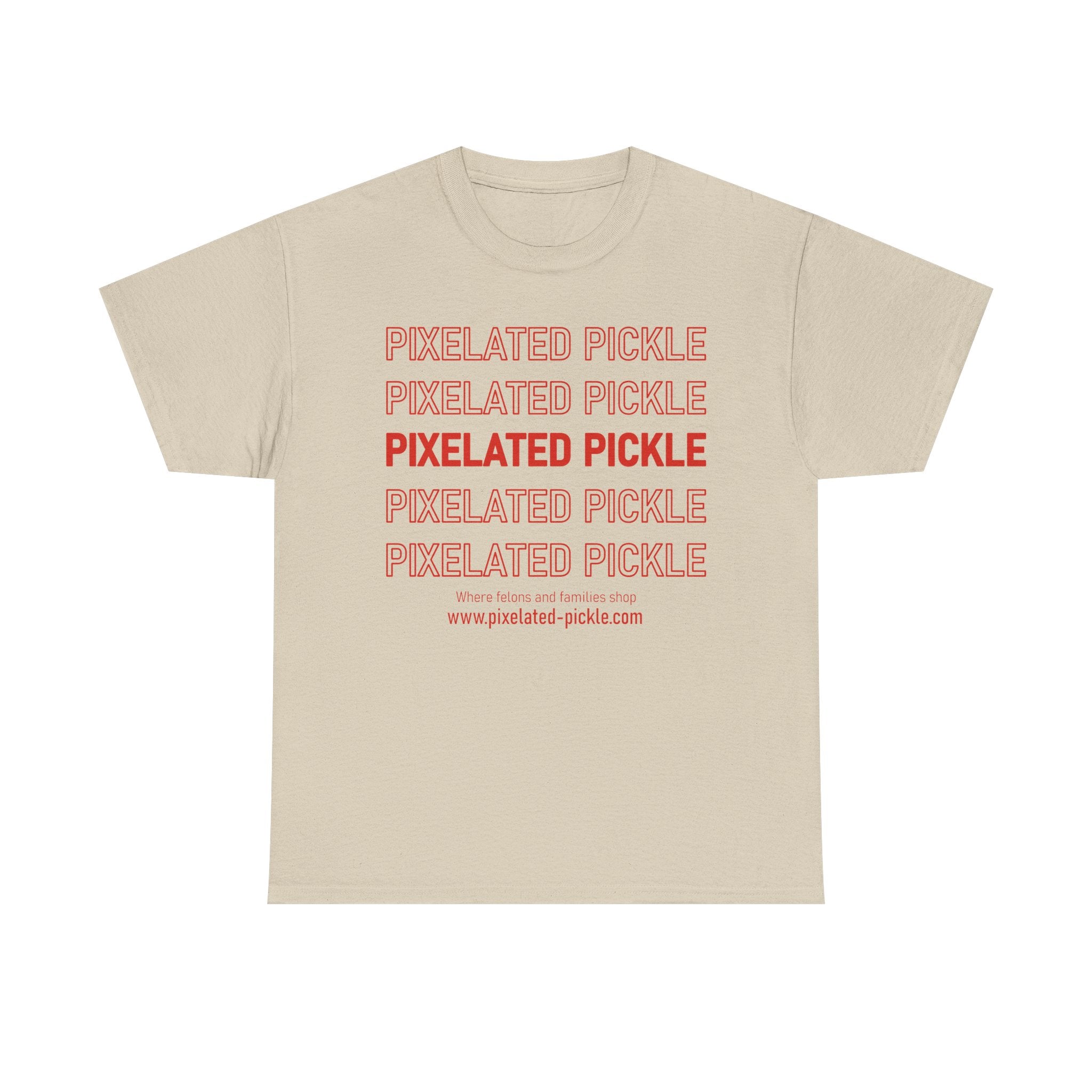 Beige t-shirt with red 'Pixelated Pickle' text on a white background