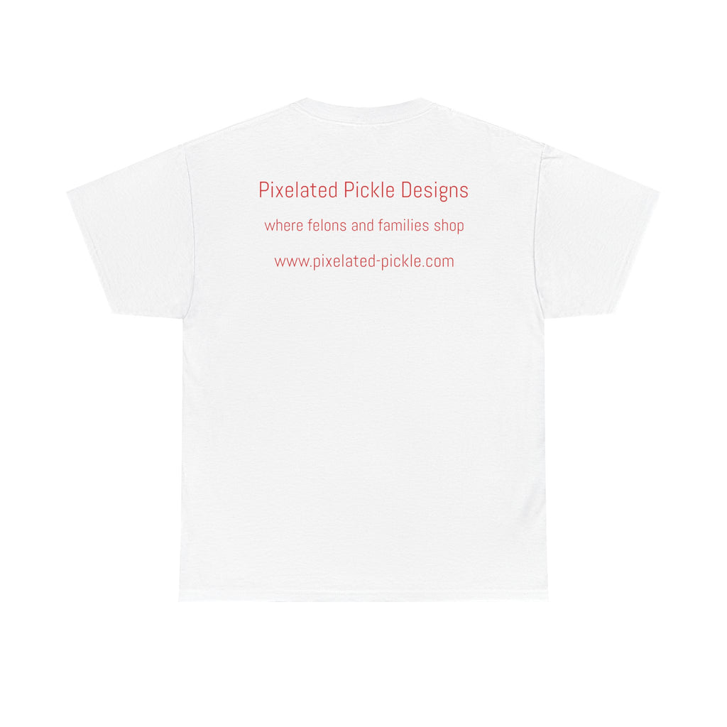 White t-shirt with red text on a white background