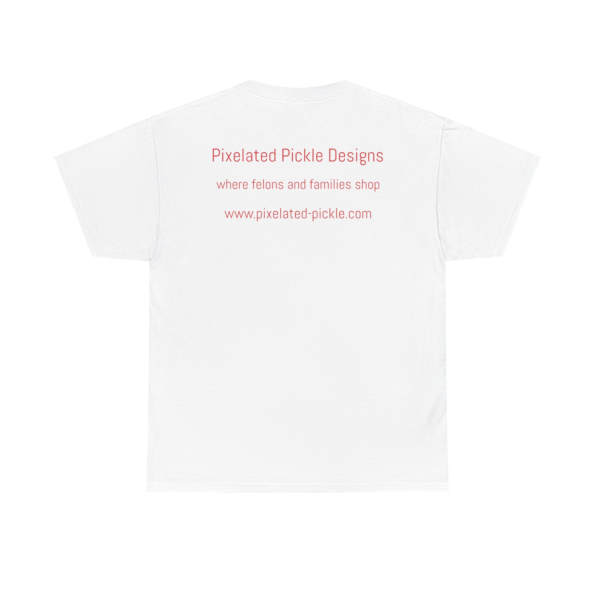 White t-shirt with red text on a white background