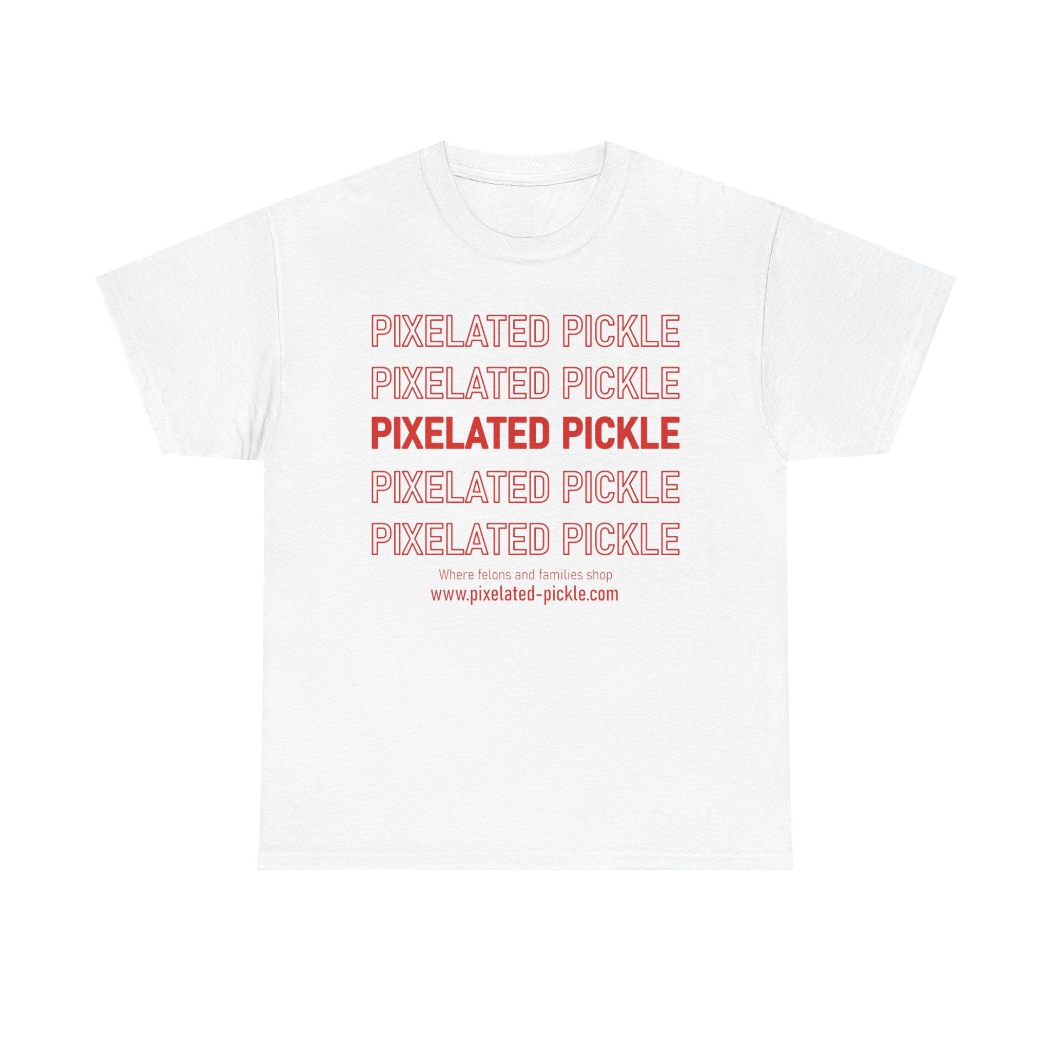 White t-shirt with red text 'Pixelated Pickle' printed multiple times on a white background
