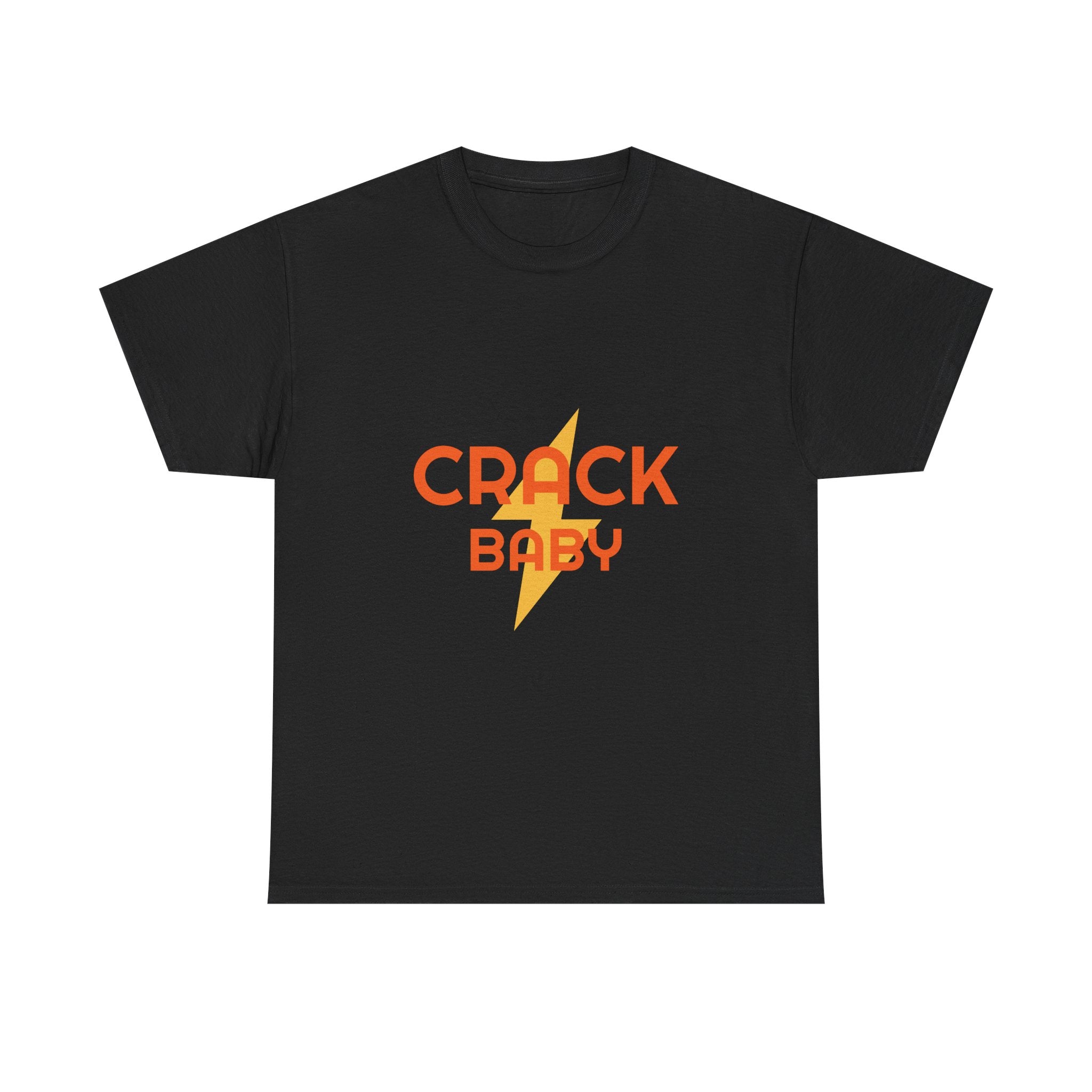 Black t-shirt with 'CRACK BABY' text and lightning bolt design on a white background