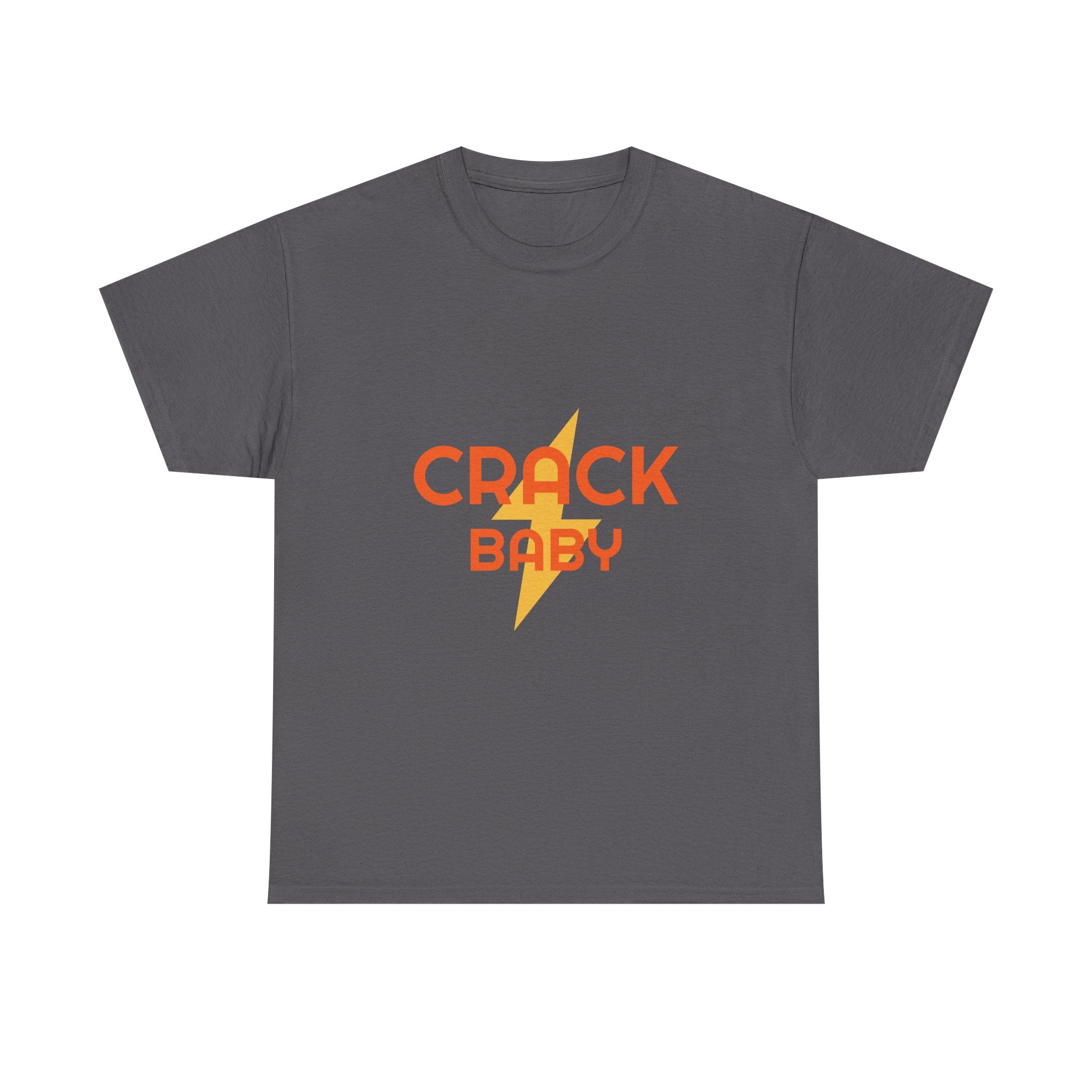 Gray t-shirt with 'CRACK BABY' text and lightning bolt graphic on a white background