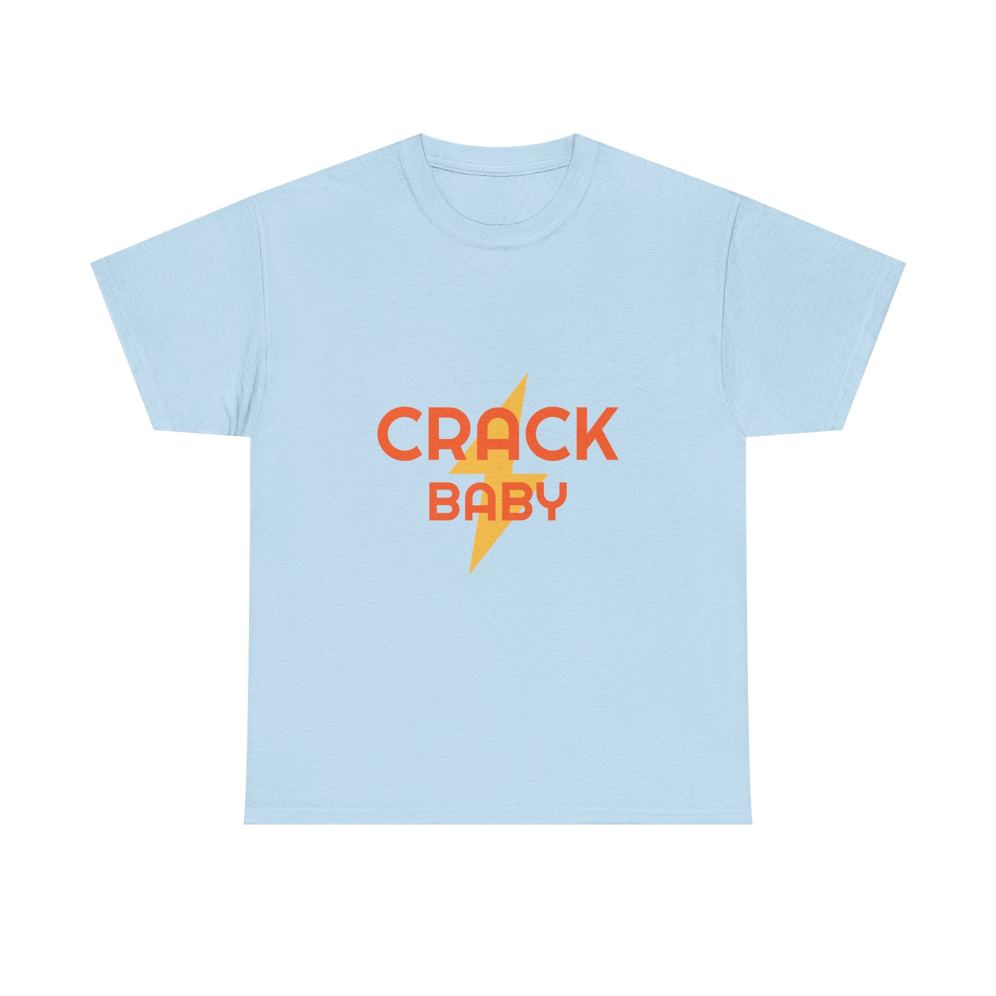 Light blue t-shirt with 'CRACK BABY' text and lightning bolt graphic on a white background