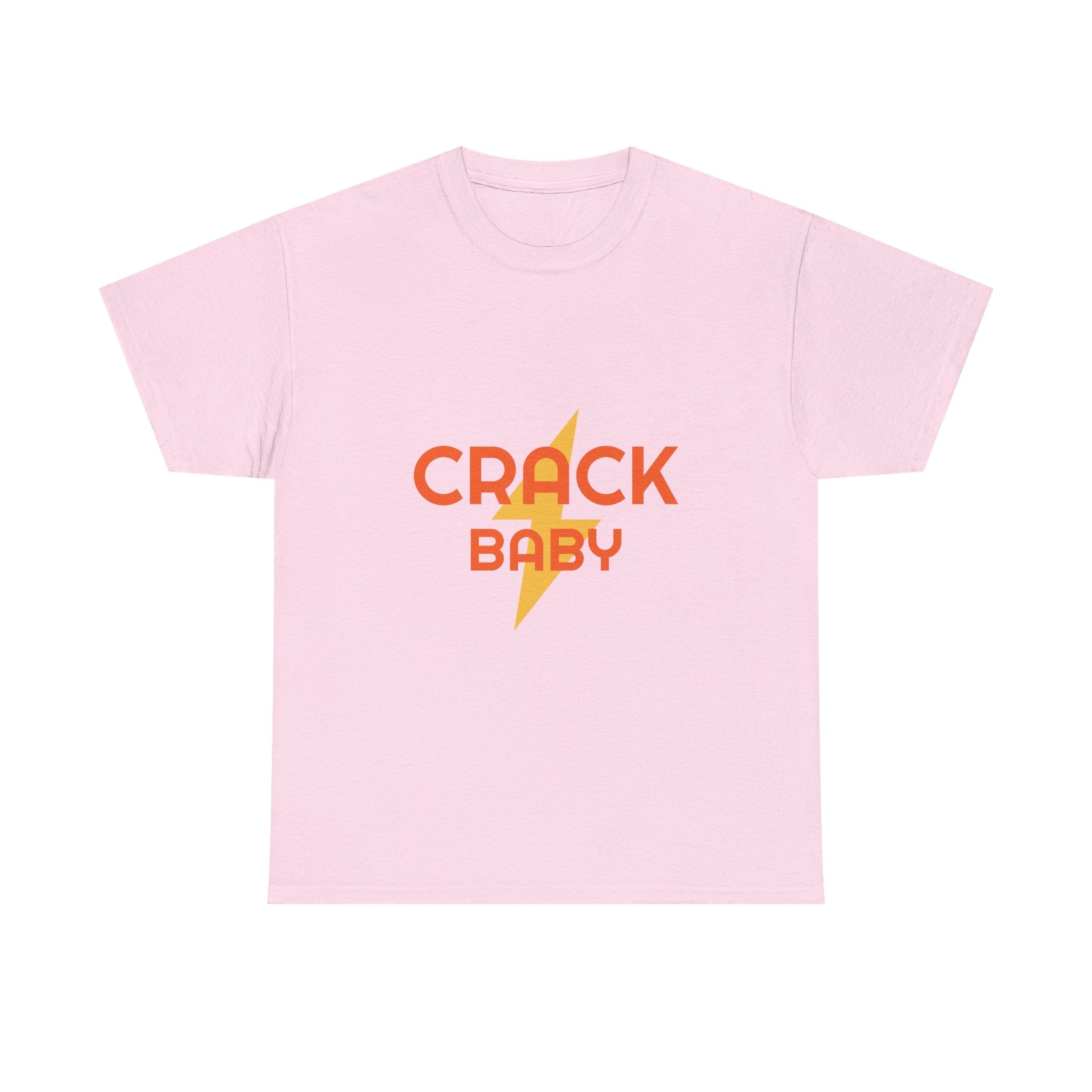 Pink t-shirt with 'CRACK BABY' text and lightning bolt graphic on a white background