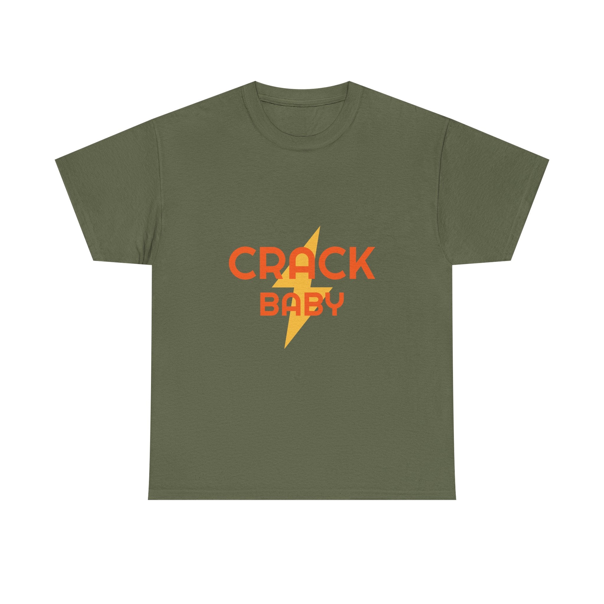Green t-shirt with 'CRACK BABY' text and lightning bolt graphic on a white background