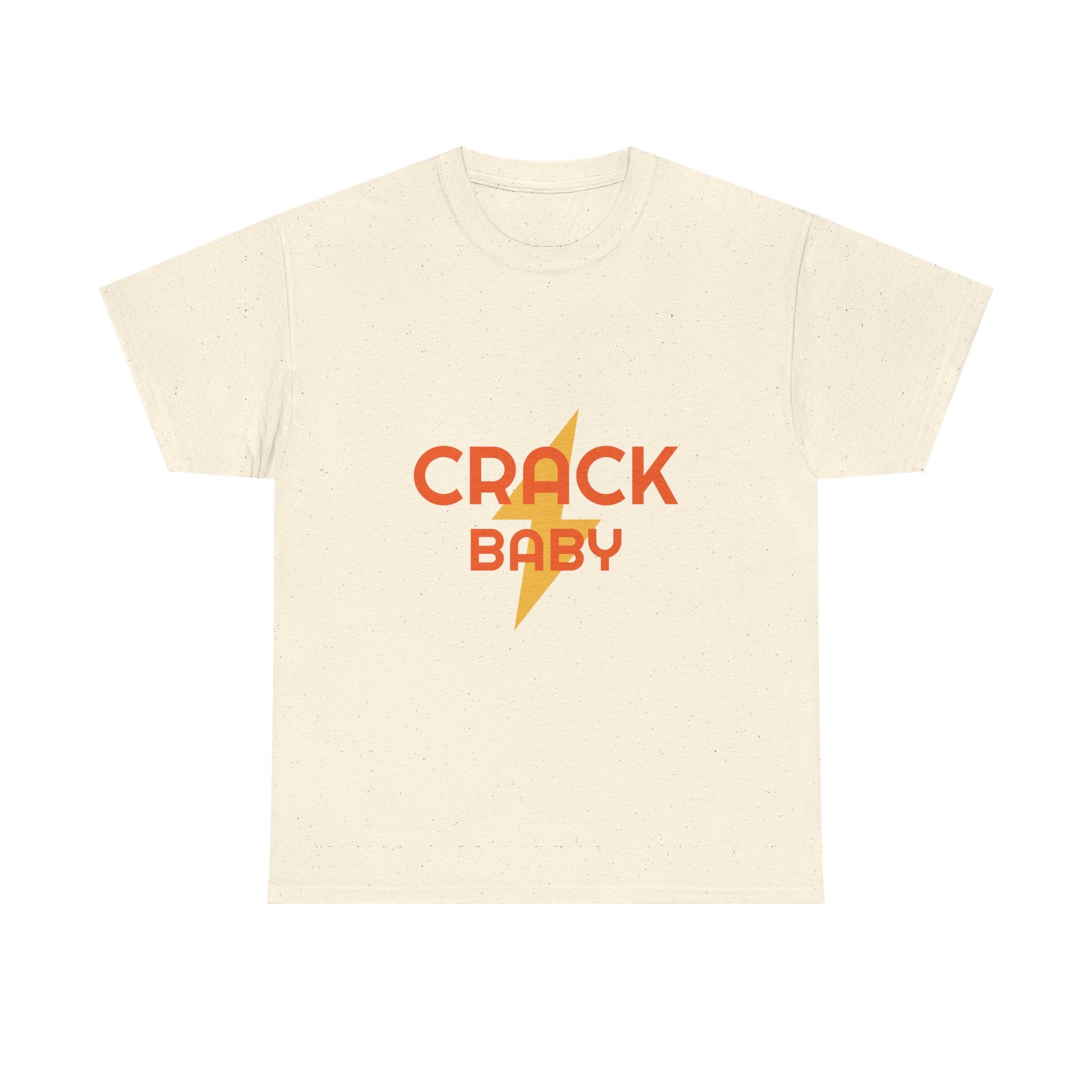Beige t-shirt with 'CRACK BABY' text and lightning bolt graphic on a white background